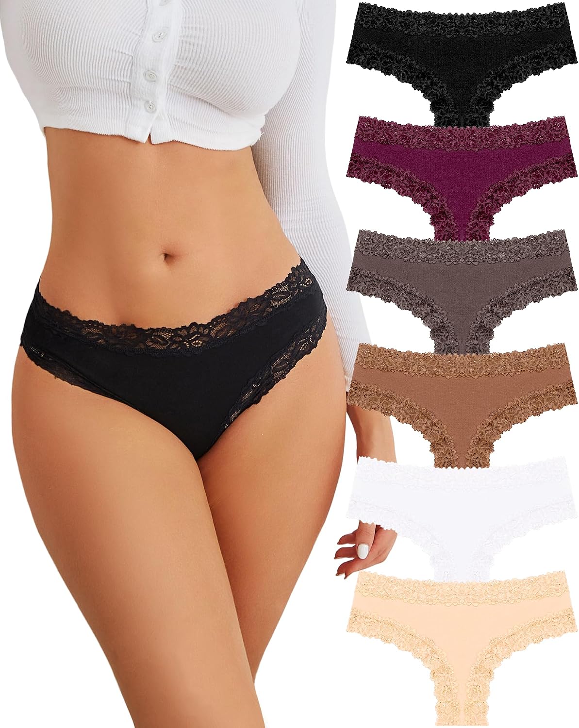 Detalle de FINETOO Cotton Lace Cheeky Panties, Low-Rise Brazilian Briefs, 6-Pack