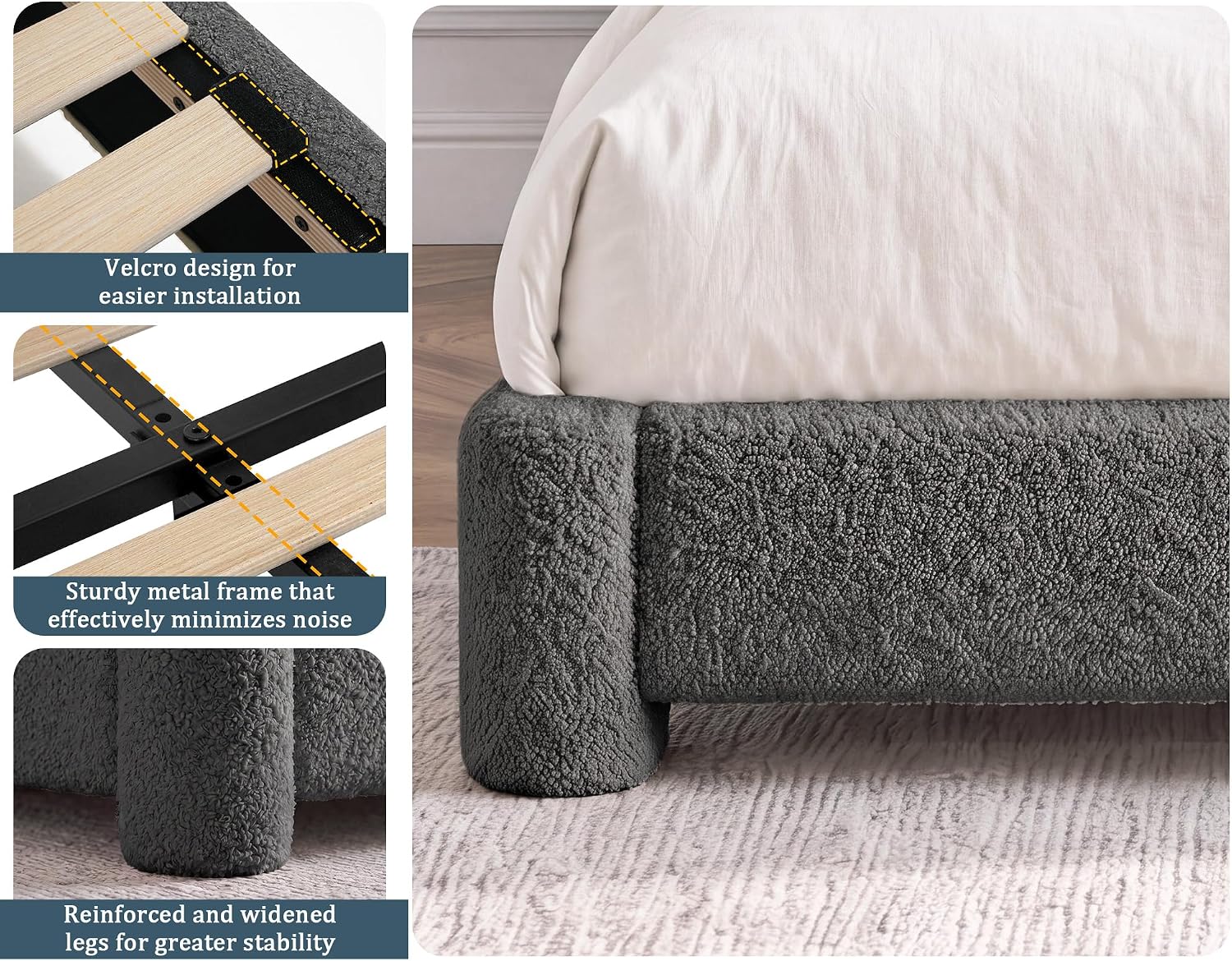Detalle de Dyonery CA-BD23-DG-K King Boucle Bed Frame, Adjustable Headboard, Grey