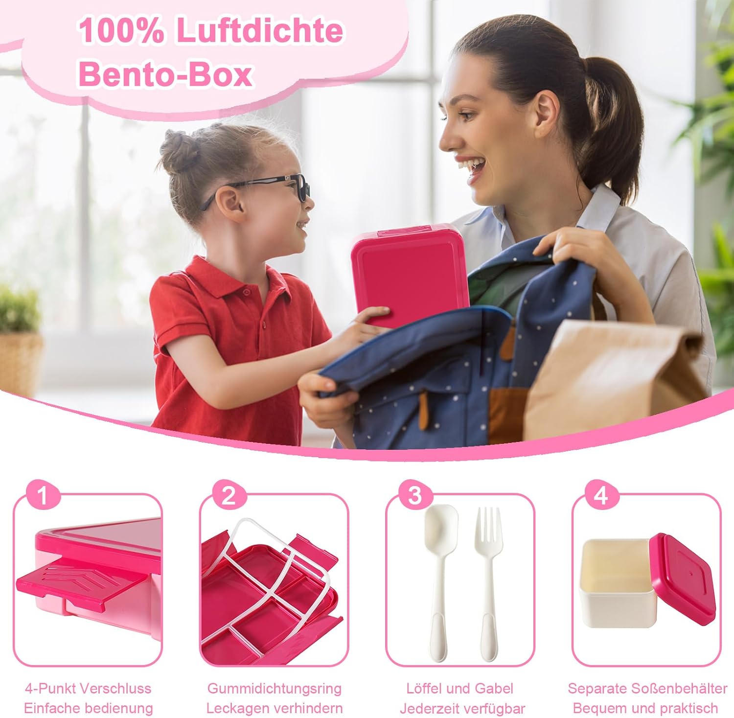 Thumbnail 2 de Swicken Brotdose Kinder mit Fächern – Auslaufsichere Lunchbox 1300 ml, BPA-frei, rosa