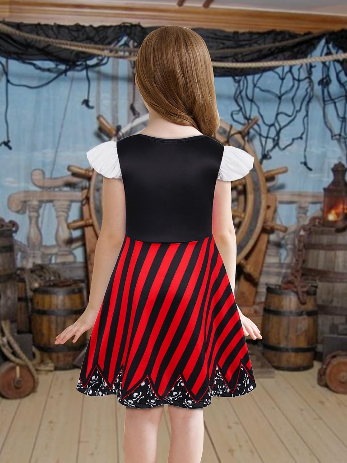 Detalle 1 de Eledobby Girls Pirate Costume Dress, Knee-Length Cartoon Print with Flutter Sleeves