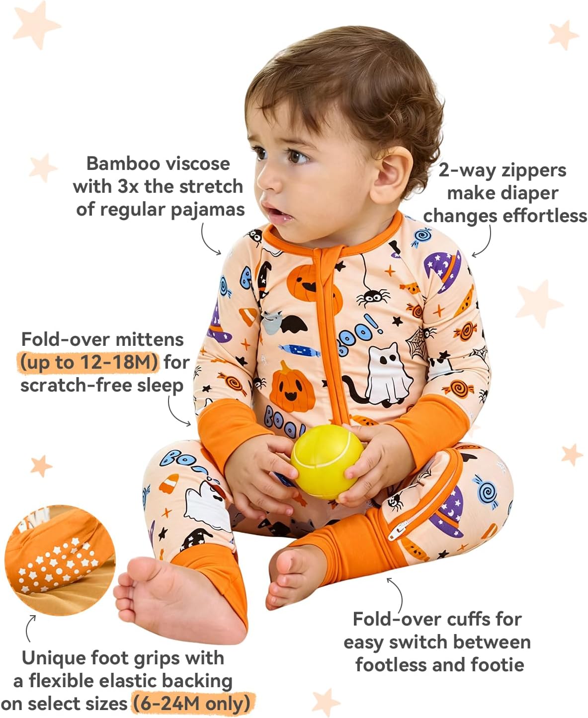 Detalle 1 de babee Reshinee Bamboo Viscose Baby Footie Pajama with 2-Way Zipper, 0–24M