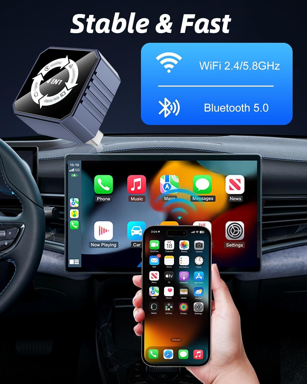 Detalle de nilic Wireless CarPlay & Android Auto Adapter 2 in 1 (USB Plug & Play, Wireless upgrade for wired systems from 2017+) – Not for BMW