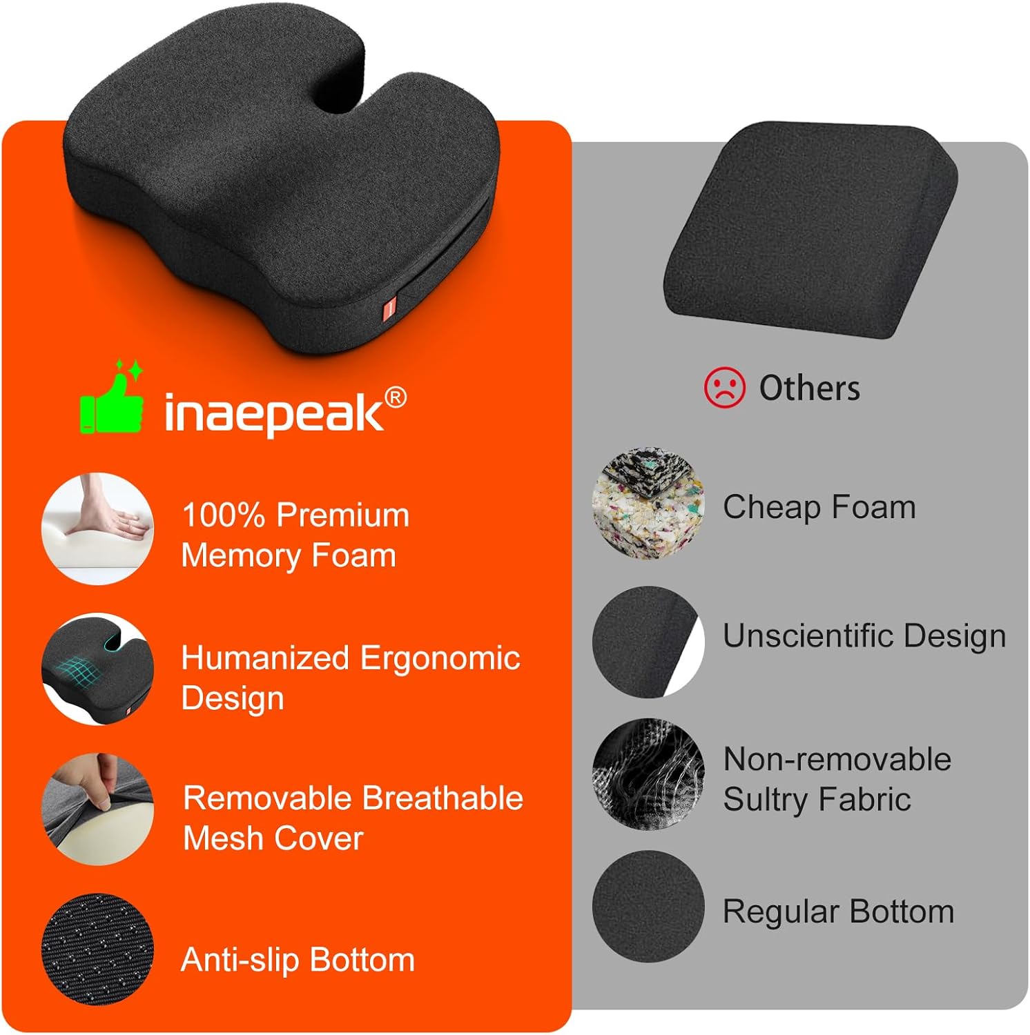 Thumbnail 2 de inaepeak Memory Foam Seat Cushion (46x40x8.5cm) with Breathable Modal Cover – Dark Grey