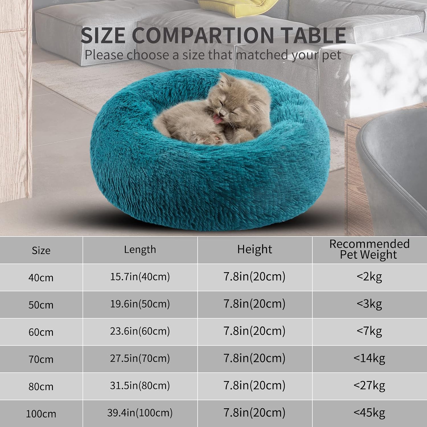 Detalle 2 de BVAGSS Rundes Hundebett & Katzenbett im Donut-Design (Ø 80 cm), Cyan – waschbarer Plüsch-Kuschelkissen