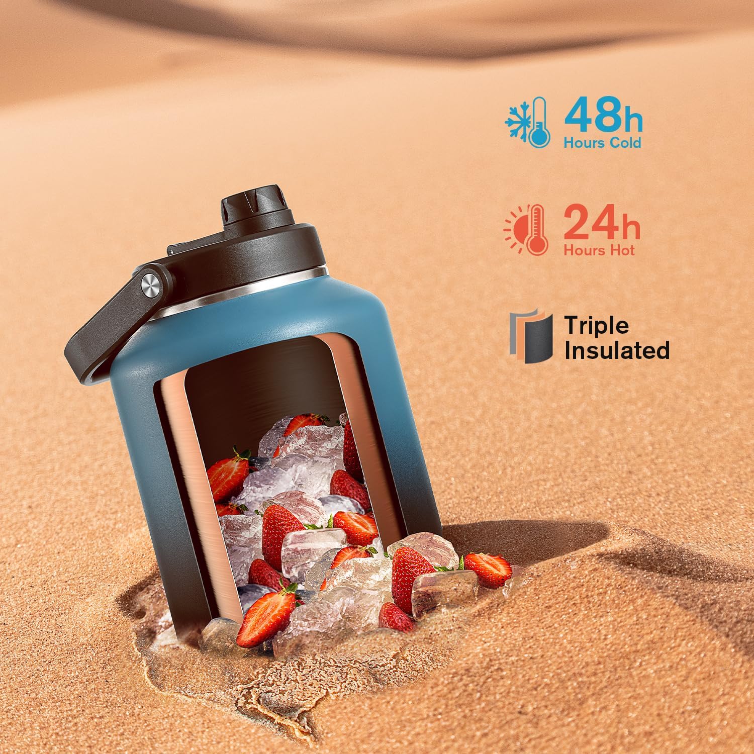 Detalle de Coolflask Titan Gallon Water Bottle Insulated, 128 oz — Stainless Steel, Leakproof with Wide Mouth, Large Handle & Sleeve (Samurai Cyan)