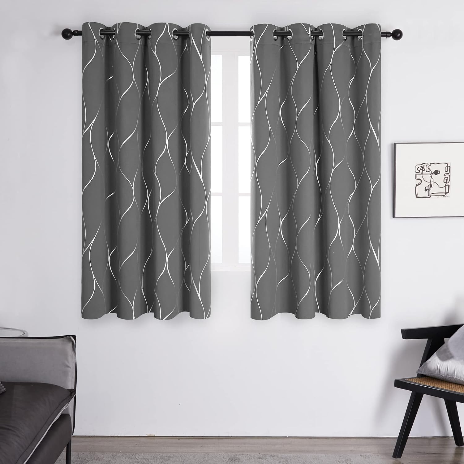 Detalle 2 de Deconovo blackout thermal curtains (2 panels), wave line foil printed ring top, light grey, 46 x 54 inch