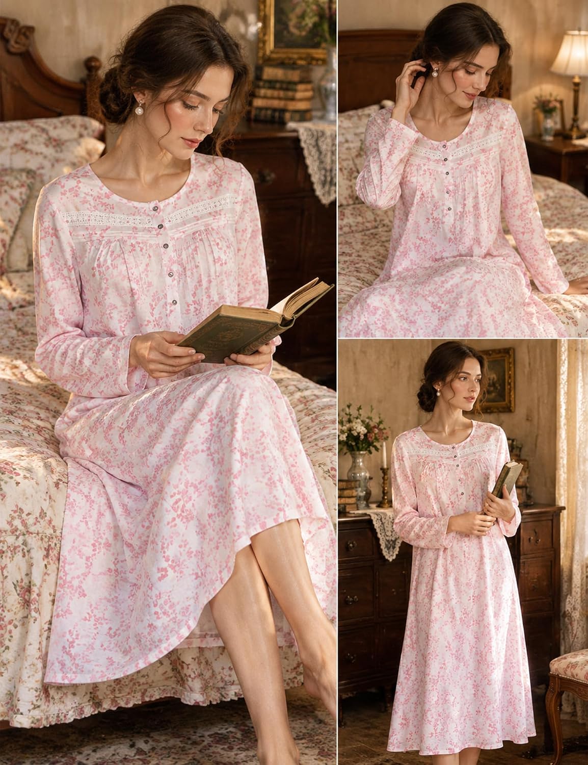 Detalle 2 de YOZLY Long Sleeve Cotton-Blend Nightgown with Pockets and Button Placket