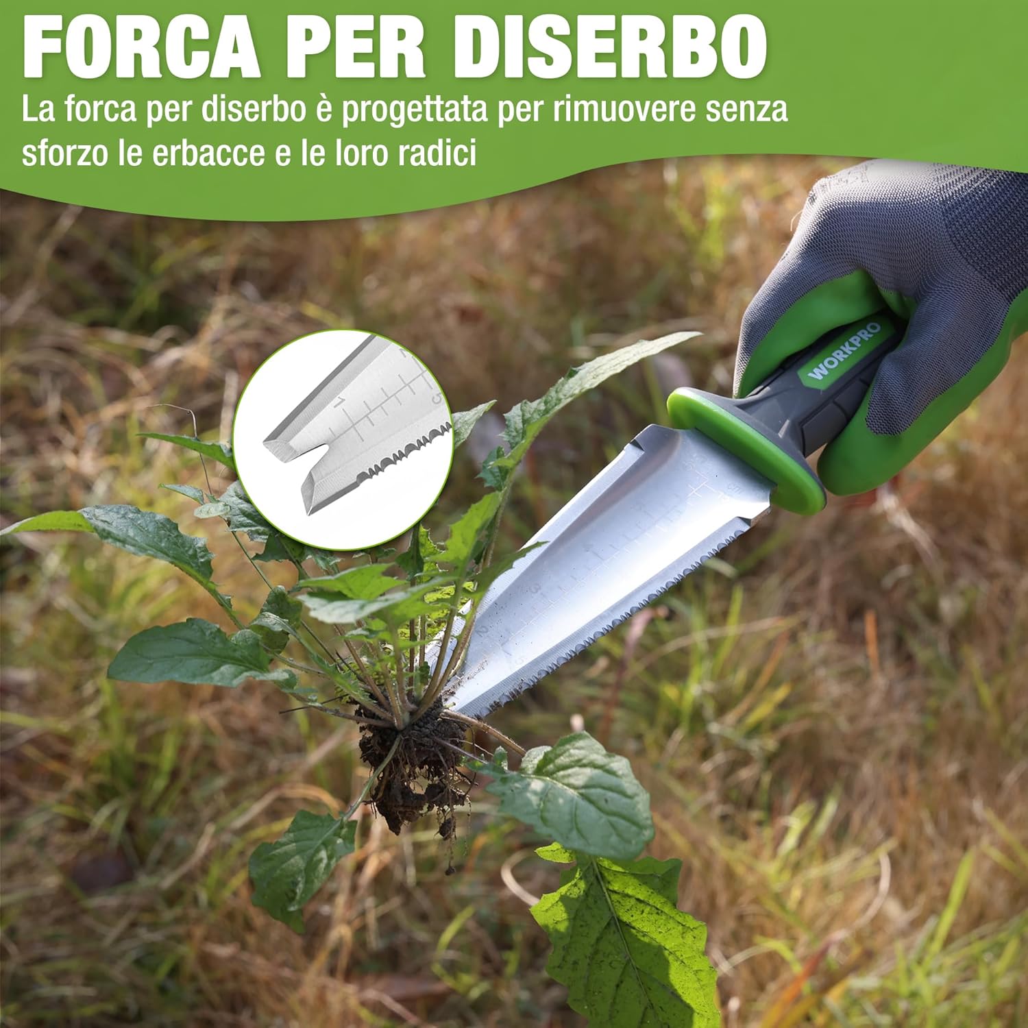 Detalle de WORKPRO paletta da giardino 12" con custodia in Oxford e lama dentata in acciaio inox