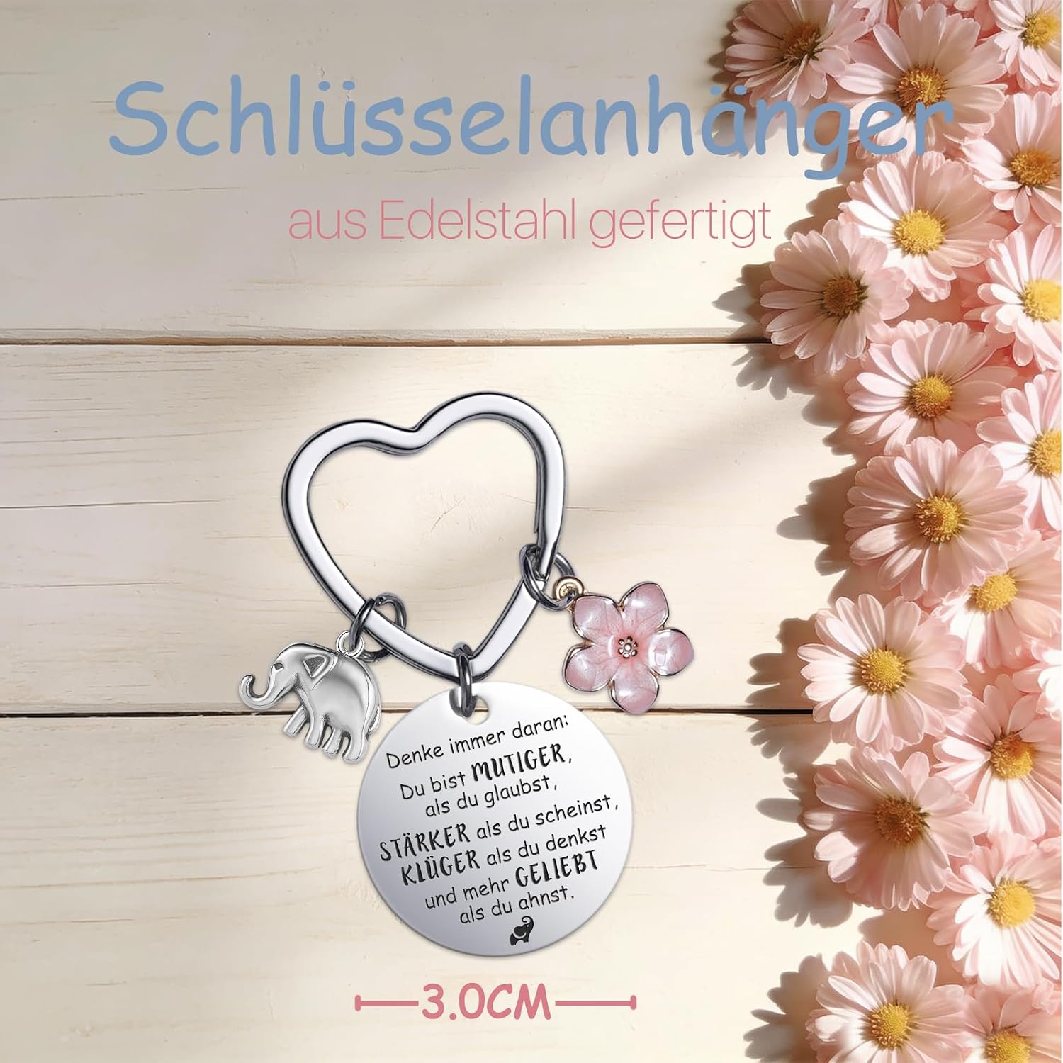 Detalle 1 de Farbeele Positive Elefant mit Glücksbringer Schlüsselanhänger – Mutmacher Geschenk zum Verschenken