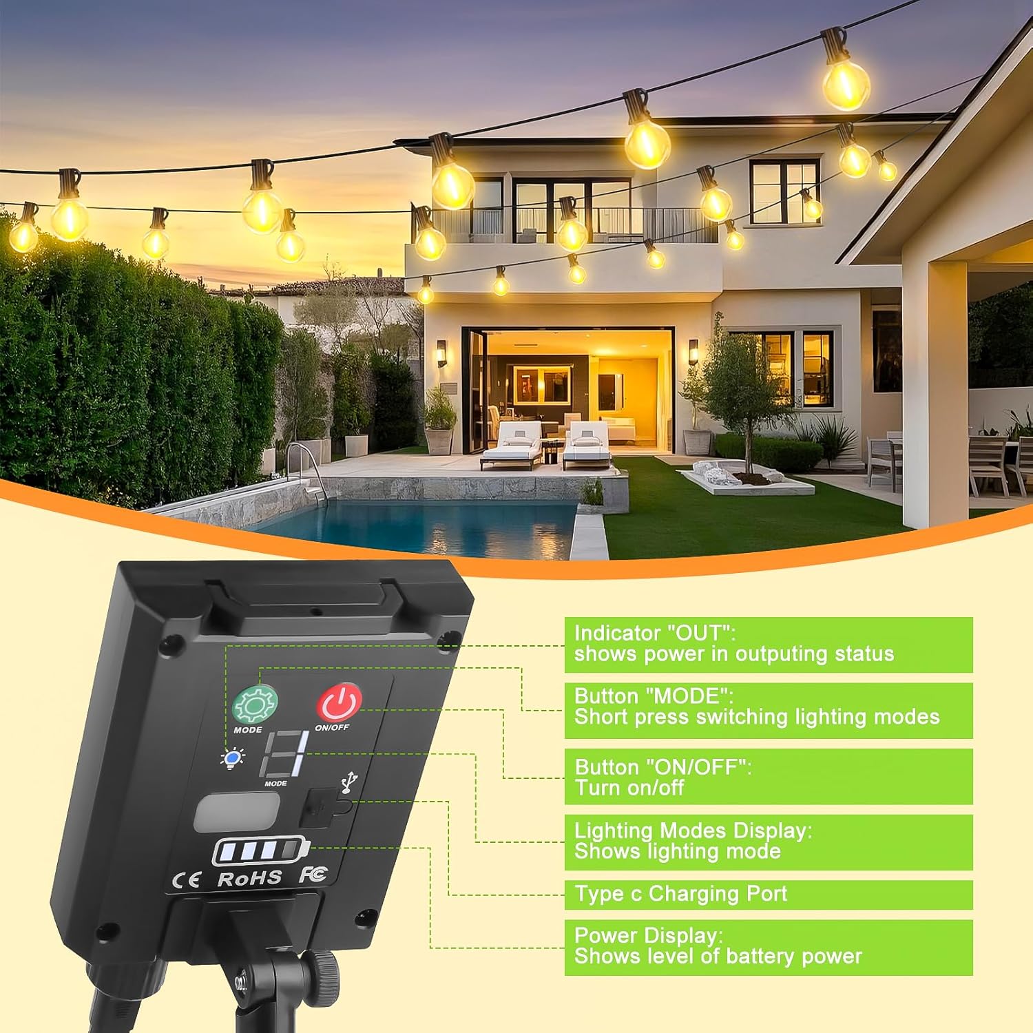 Thumbnail 4 de Solar String Festoon Lights Outdoor with Remote Control – 20m USB Rechargeable LED Garden Light (IP44)