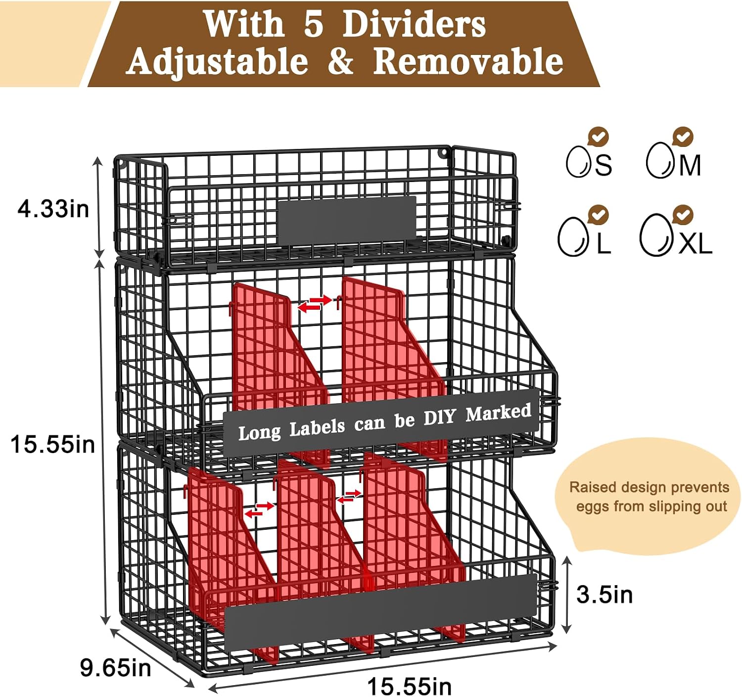 Detalle de keomaisyto 3-Tier Countertop Egg Holder with 5 Dividers, Stackable Wire Baskets & DIY Nameplate (Wall-Mounted)