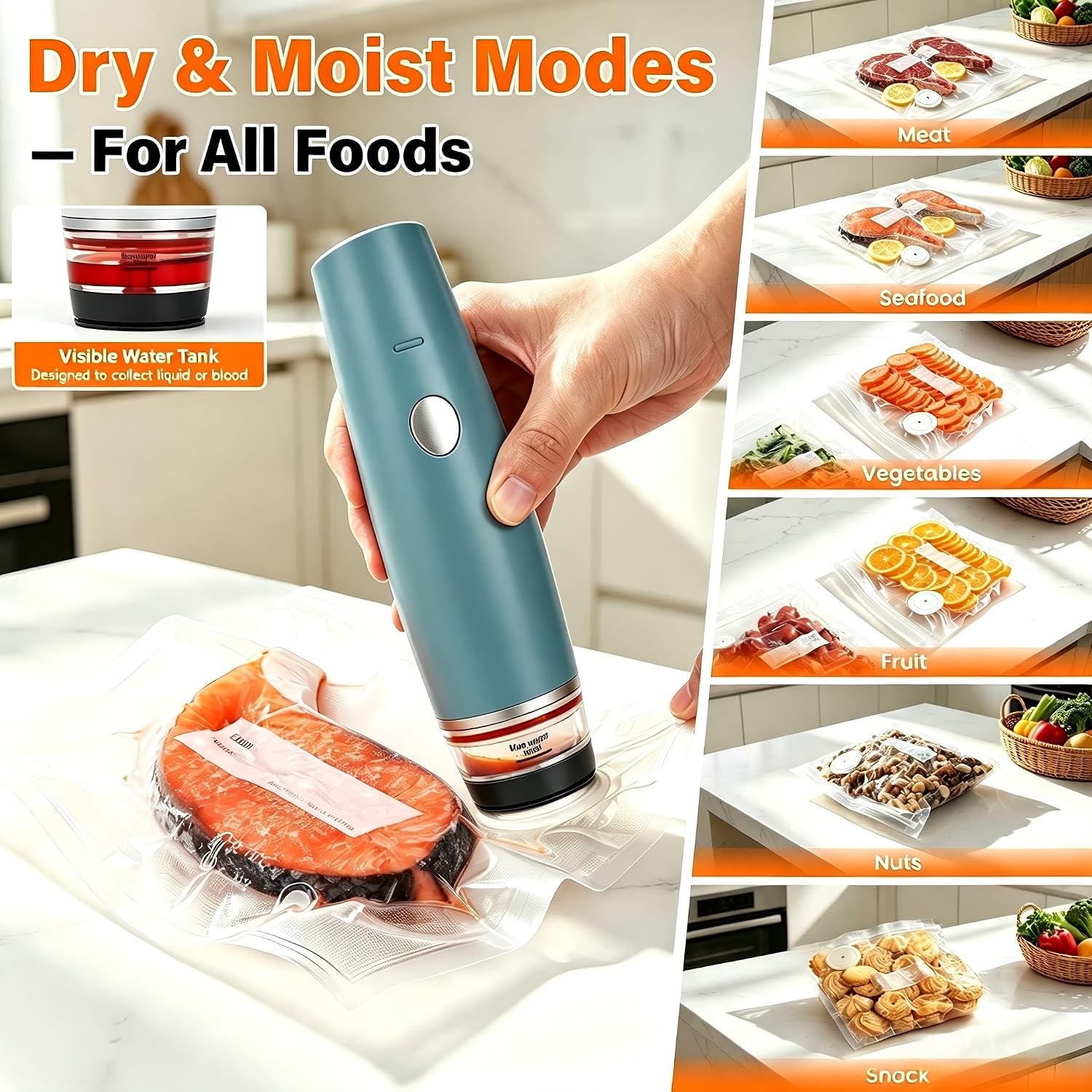 Detalle de MZROT -80kPa Compact Vacuum Sealer for Food (Vacuum Sealer Machine + 30 Reusable Bags)