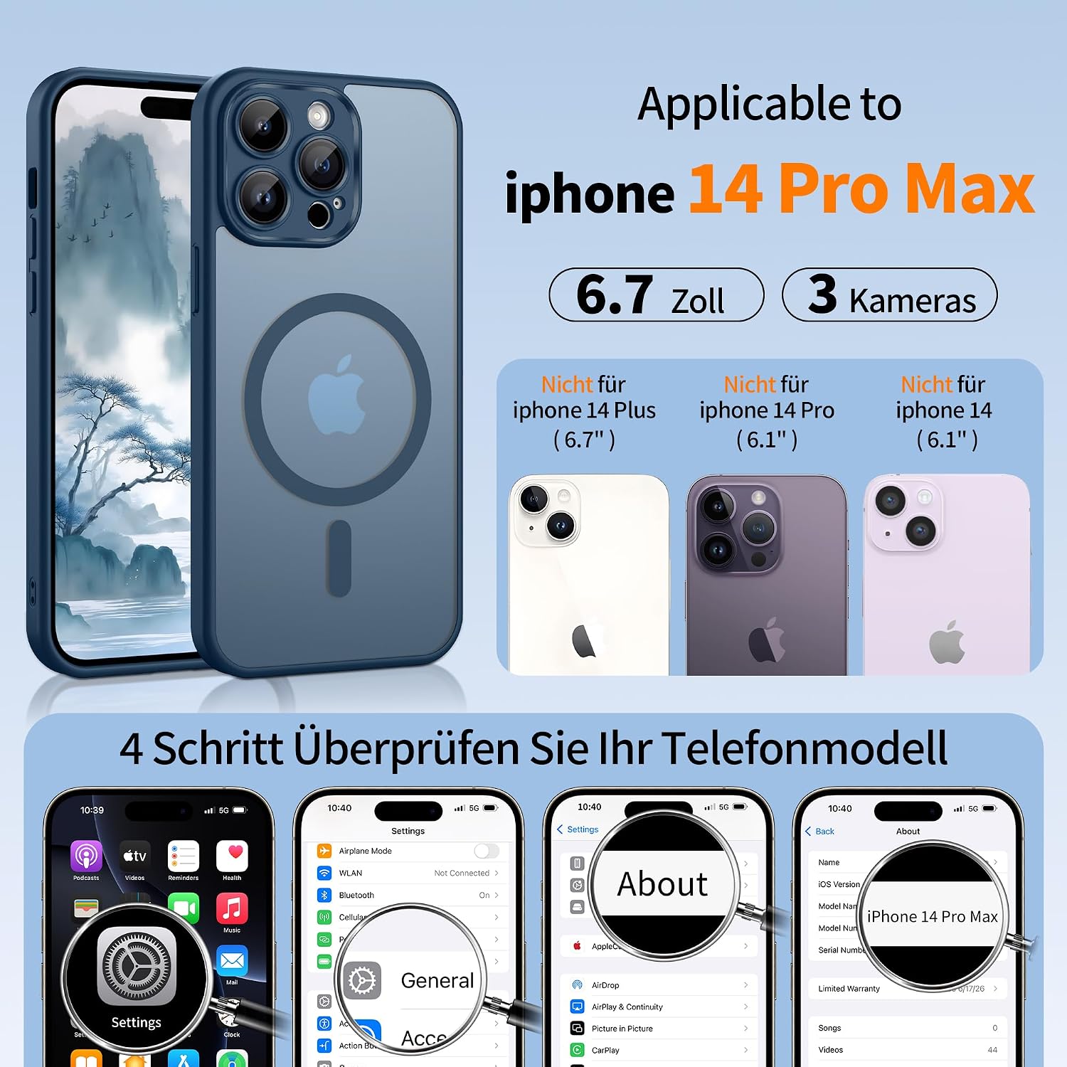 Detalle de Jshru Hülle für iPhone 14 Pro Max mit 2 Panzer Glas-Schutzfolien – MagSafe kompatibel, matt-transluzent, blau