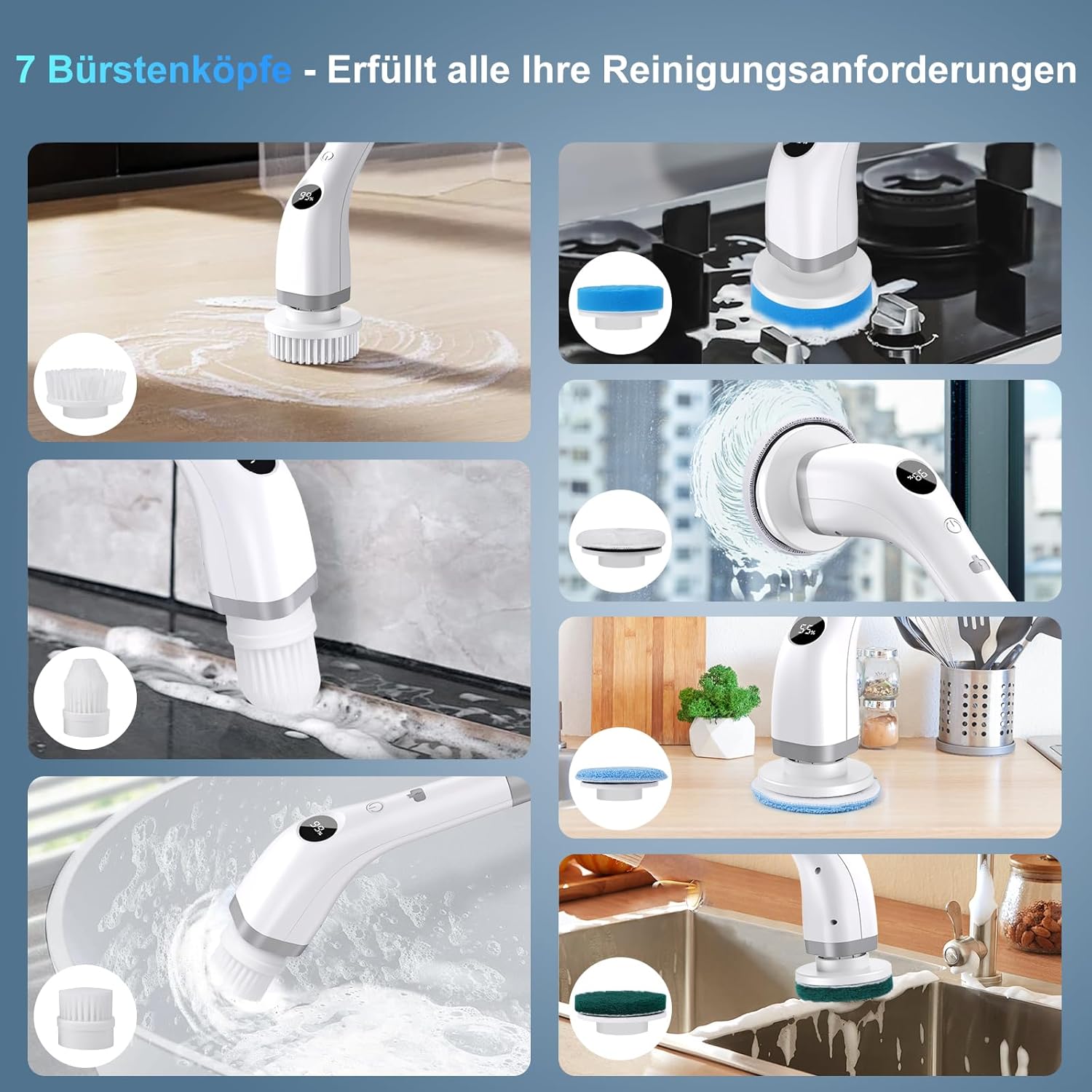 Thumbnail 2 de Elektrische Reinigungsbürste, 7 in 1 mit verstellbarem Griff – IPX7, 2 Geschwindigkeiten, USB-C Ladung