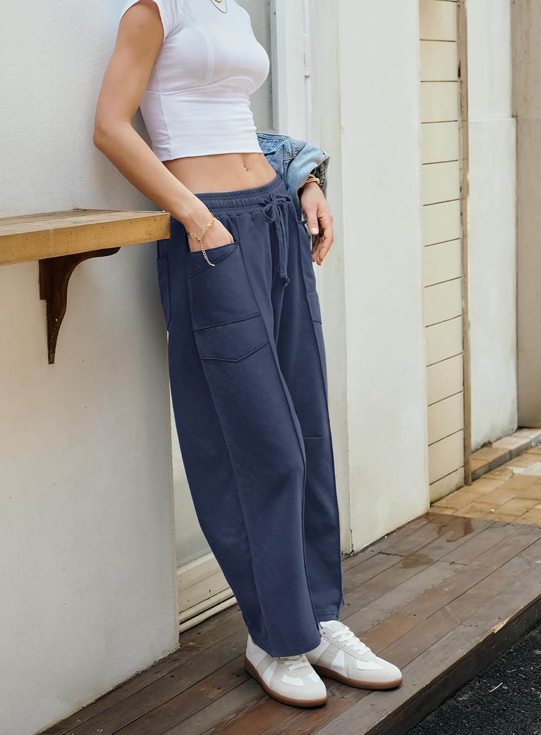 Detalle de Yanekop Women's Baggy Wide-Leg Palazzo Pants with Elastic Waist and Pockets