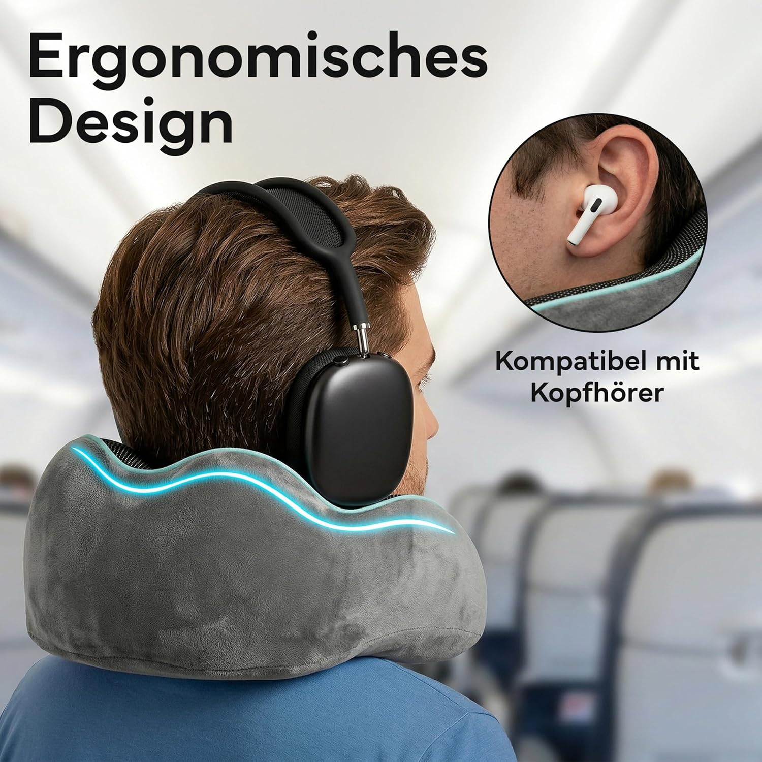 Thumbnail 5 de NEOLYMP Nackenkissen Flugzeug mit Kinnstütze – Memory Foam Reisekissen mit 360° Support, verstellbar 35–48 cm, inkl. Tasche und Kofferband