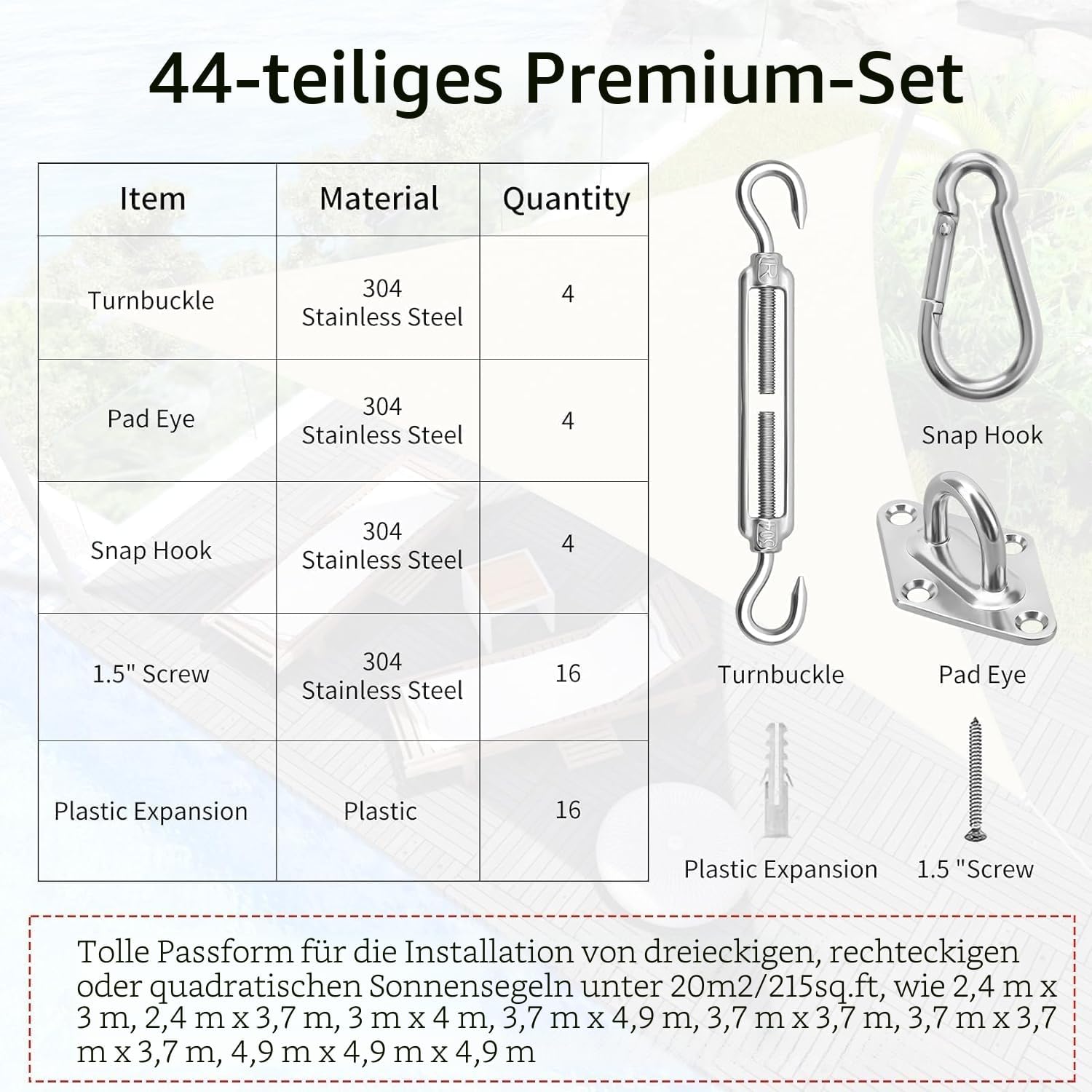 Detalle de Morzejar Sonnensegel Befestigung Set M6 (Edelstahl 304) für Dreieck & Quadrat