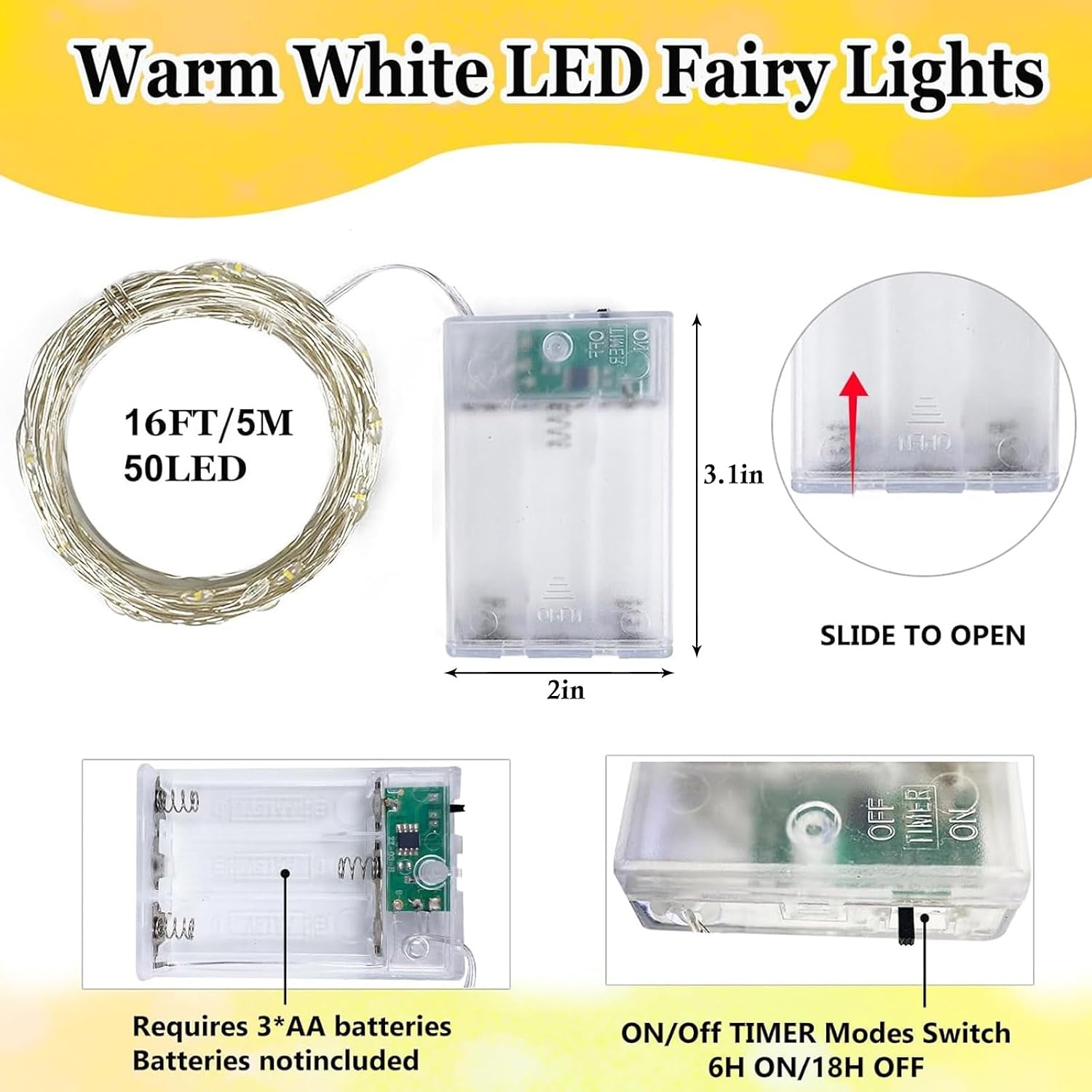 Detalle 2 de EXF YHY-BO50LED Fairy String Lights, 4-Pack, 16 ft, Warm White LEDs