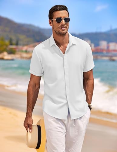 Detalle 2 de COOFANDY Herren Leinen Kurzarm Hemd Button-Down, A-Weiss, Größe L