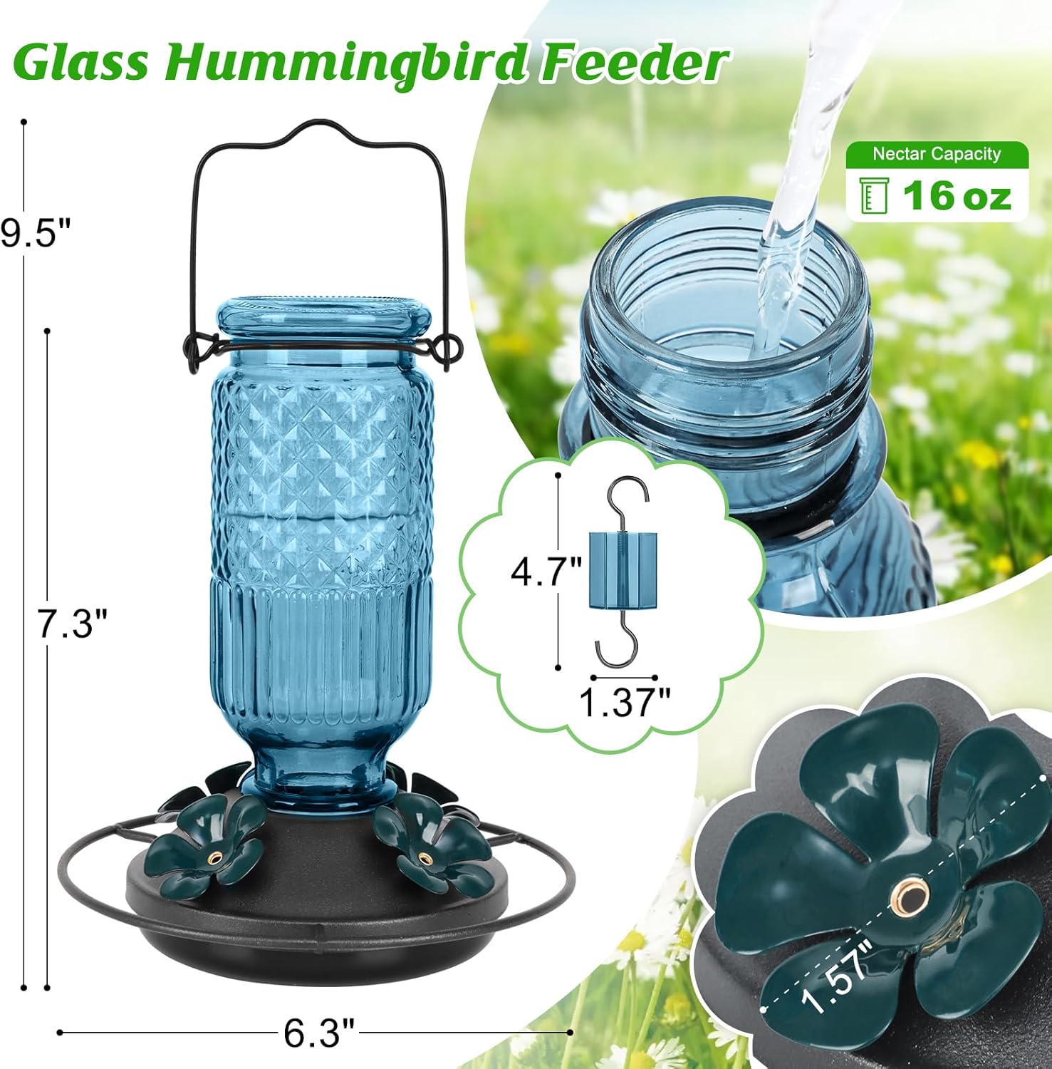 Thumbnail 2 de FEED GARDEN Glass Hummingbird Feeder (16oz) with Bee Guards & Ant Moat, Blue