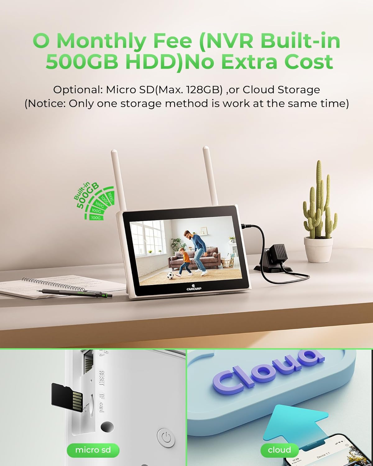 Thumbnail 3 de Camcamp Kit Telecamere Videosorveglianza Solare con Monitor 10” e NVR 10 canali, 4 Telecamera WiFi, 500GB HDD