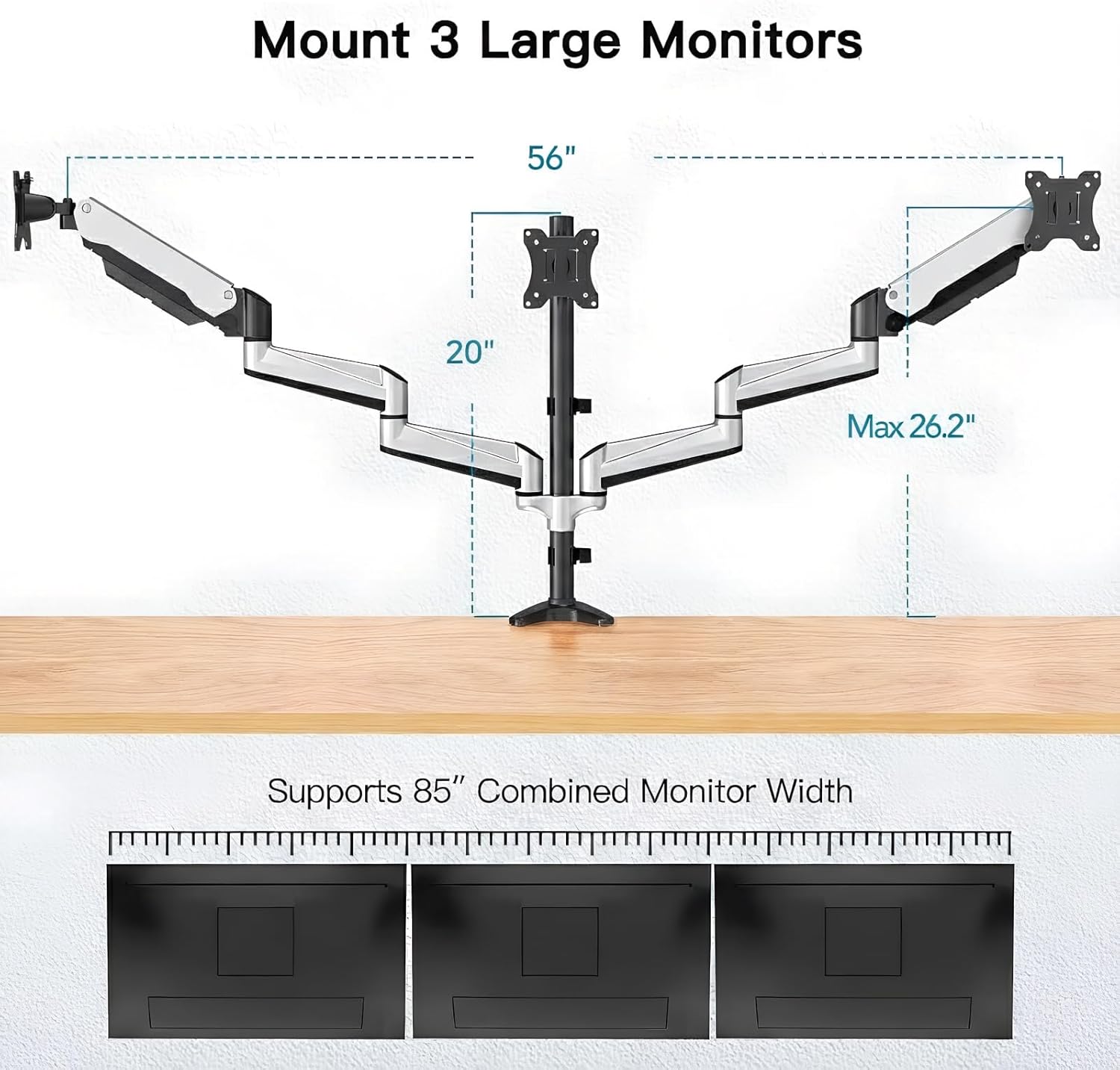 Thumbnail 2 de HUANUO Supporto per Monitor Triplo con Braccio a Gas per Schermi Curvi 13–32