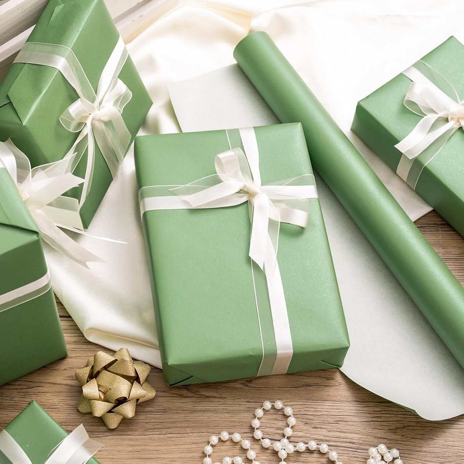 Thumbnail 4 de Wikadlik Geschenkpapierrolle Salbeigrün (43 cm x 10 m) mit Perlglanz – einfarbig für Weihnachten, Vatertag & Geburtstage