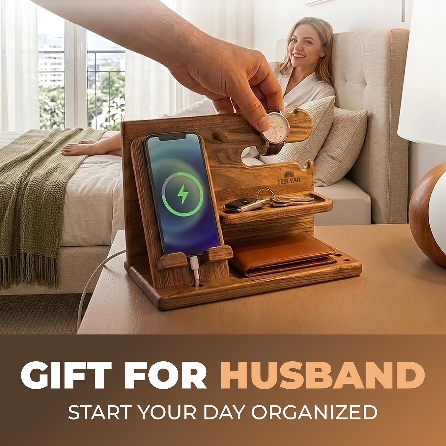Thumbnail 1 de Teslyar Gifts for Men Solid Ash Wood Phone Docking Station with Key Holder, Wallet & Watch Stand (Light Brown)