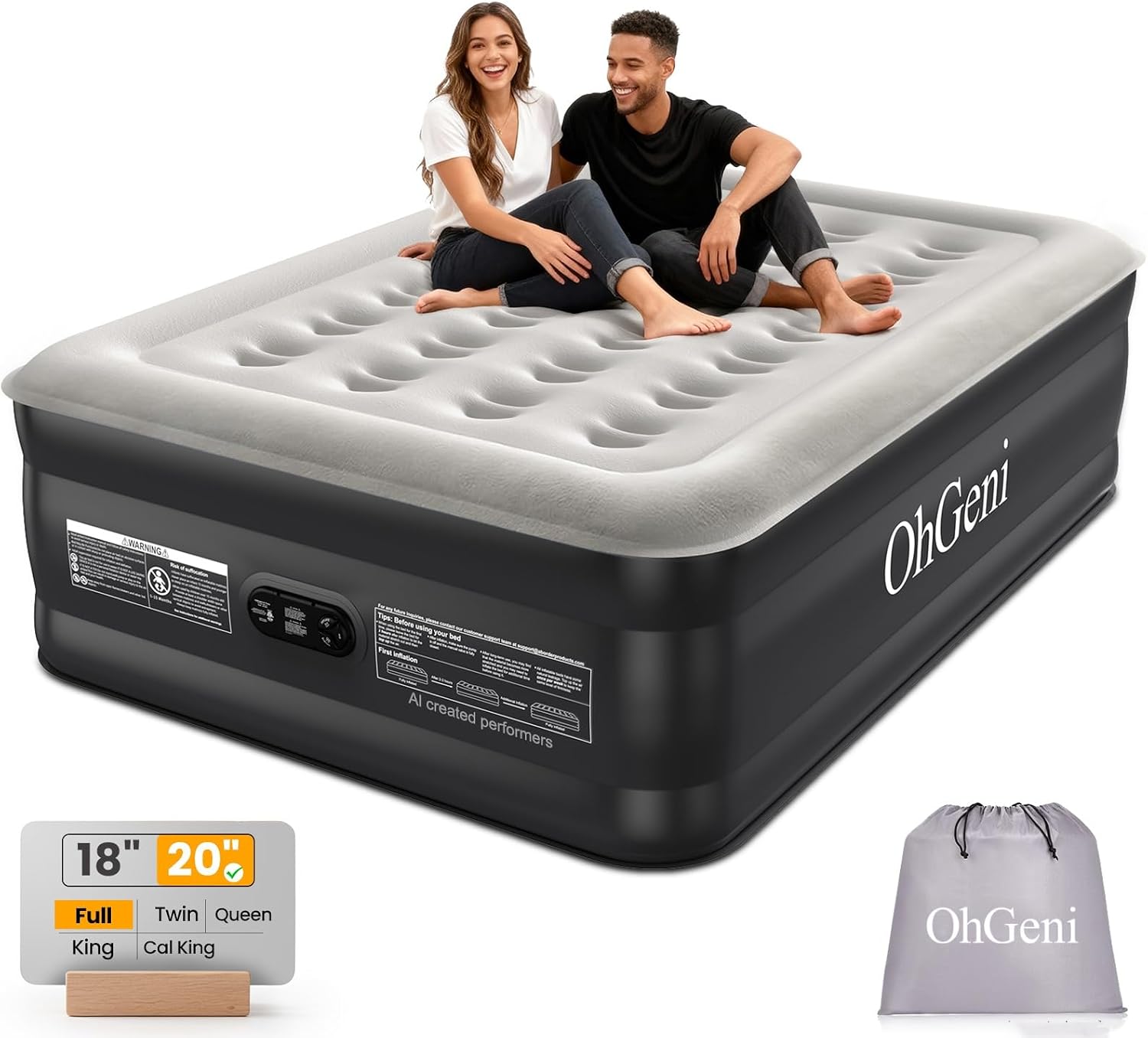Detalle de OhGeni 20-Inch Full Air Mattress with Built-In Pump, Flocked Top, 600-lb Capacity