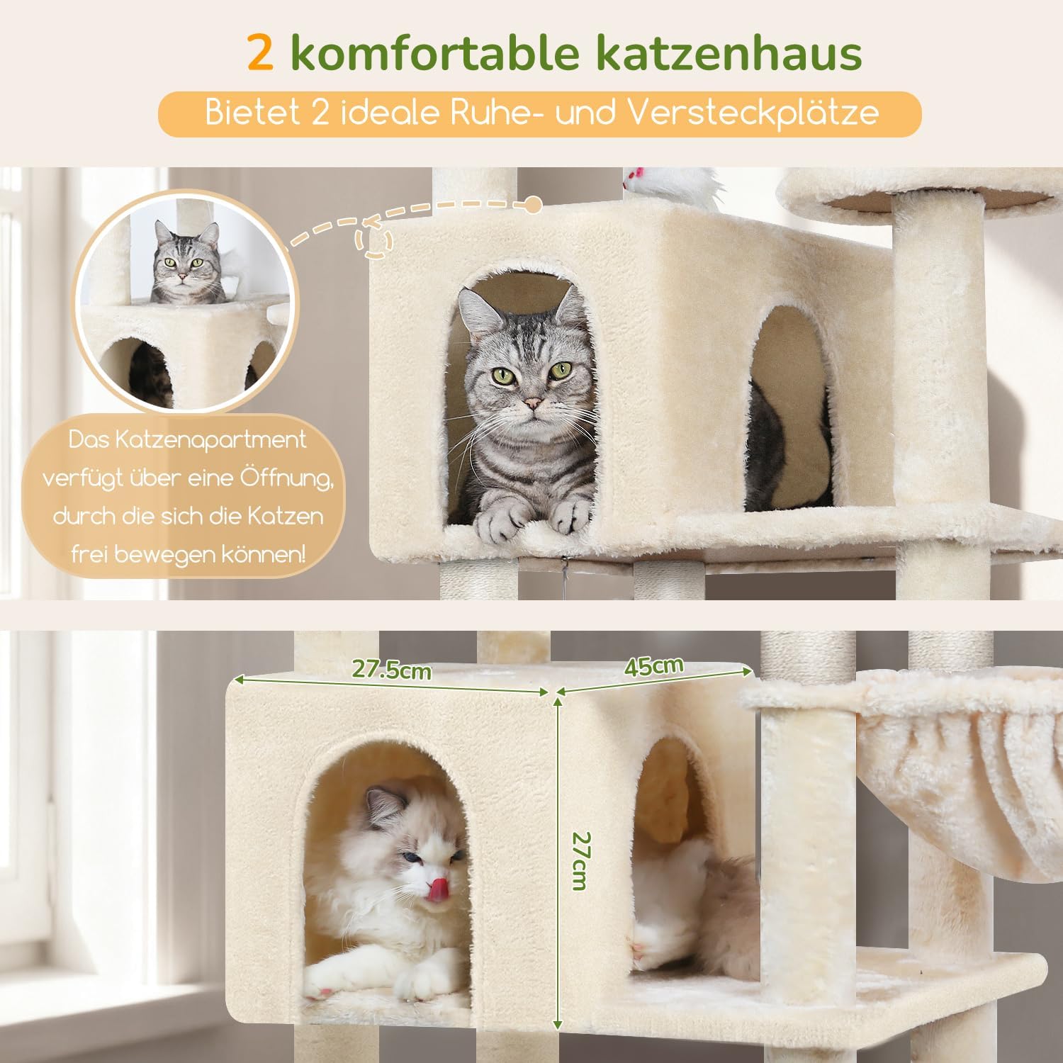 Thumbnail 2 de Globlazer Kratzbaum Beige Groß XXL (209 cm) mit 2 Katzenhäusern, 3 Körben und 8 Sisal-Kratzsäulen