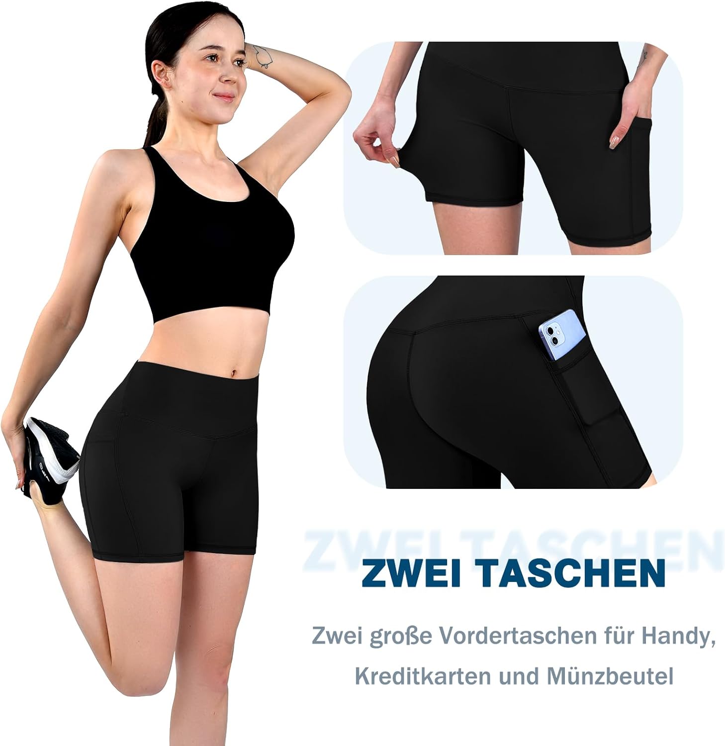 Detalle de Sanpetix Radlerhose Damen mit Taschen – High Waist Short für das Gym