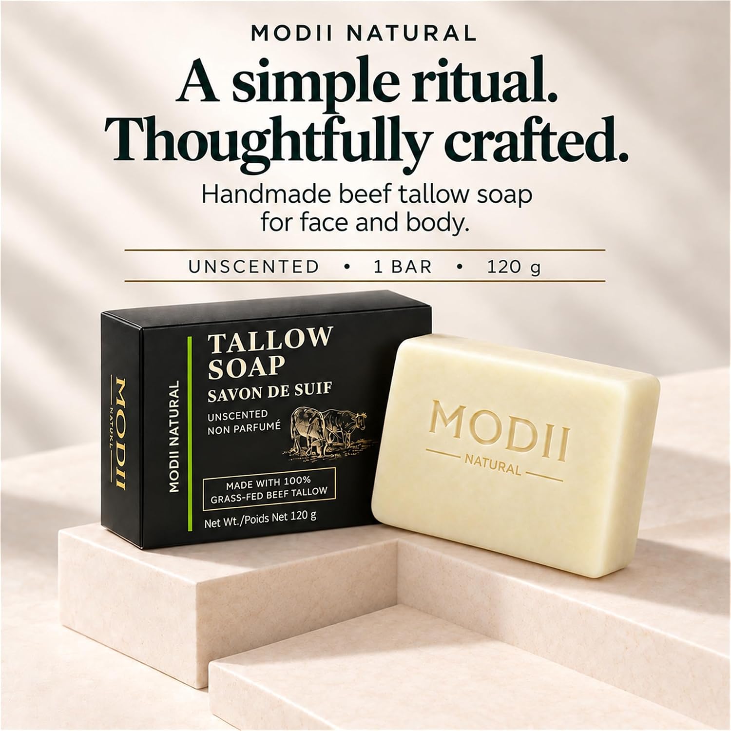Detalle 2 de Modii Natural Beef Tallow Handmade Soap Bar, 120 g, Unscented
