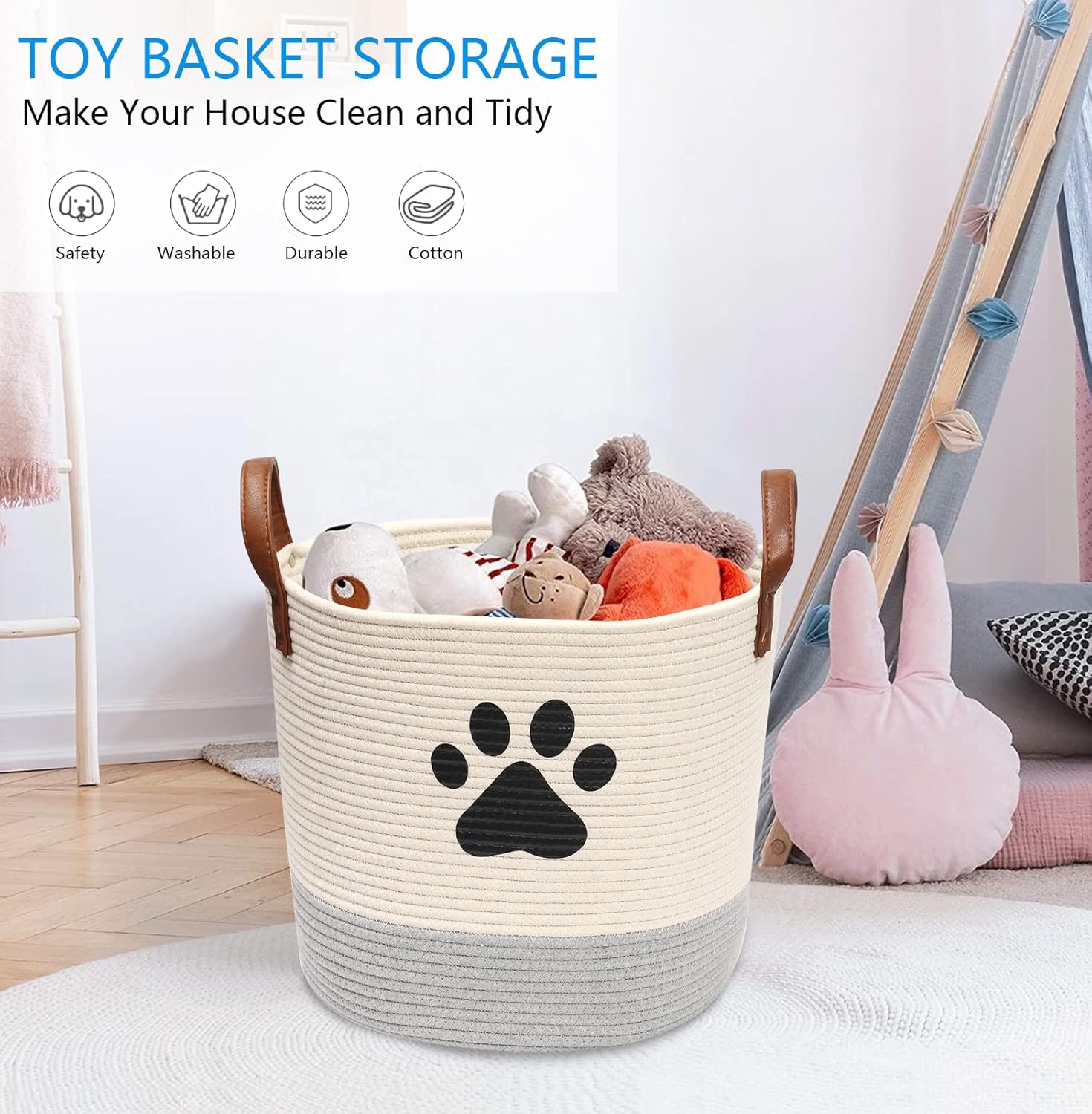 Thumbnail 1 de Cotton Rope Dog Toy Basket (Puppy Bin) for Organising Toys, Blankets & Leads – Beige Grey