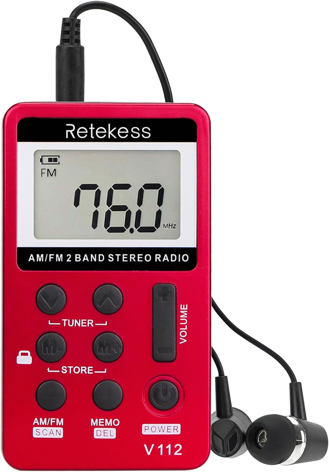 Retekess V112 Mini Radio Portatile AM/FM ricaricabile con cuffie stereo (Rosso) – per corsa, viaggi e uso quotidiano