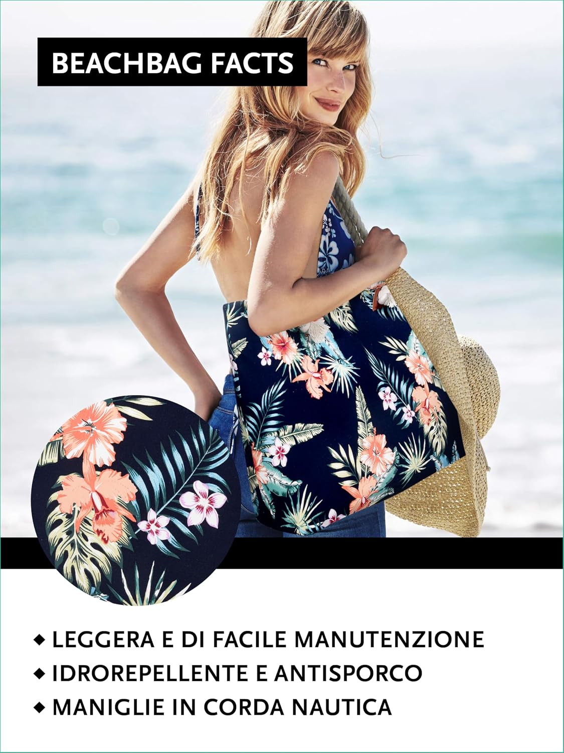 Detalle de DonDon Grande borsa da spiaggia idrorepellente con cerniera e tracolla (formato shopper)