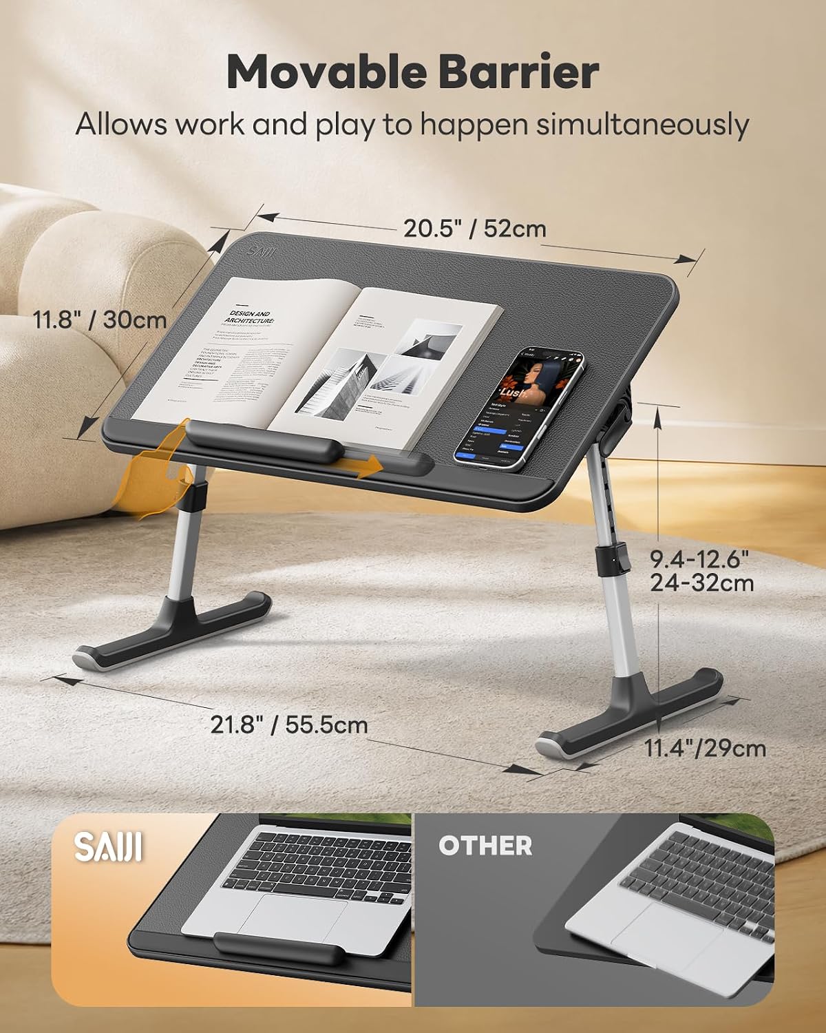 Detalle de SAIJI Leather Laptop Bed Tray Table (Adjustable Lap Desk with Removable Stopper) - Medium, Black