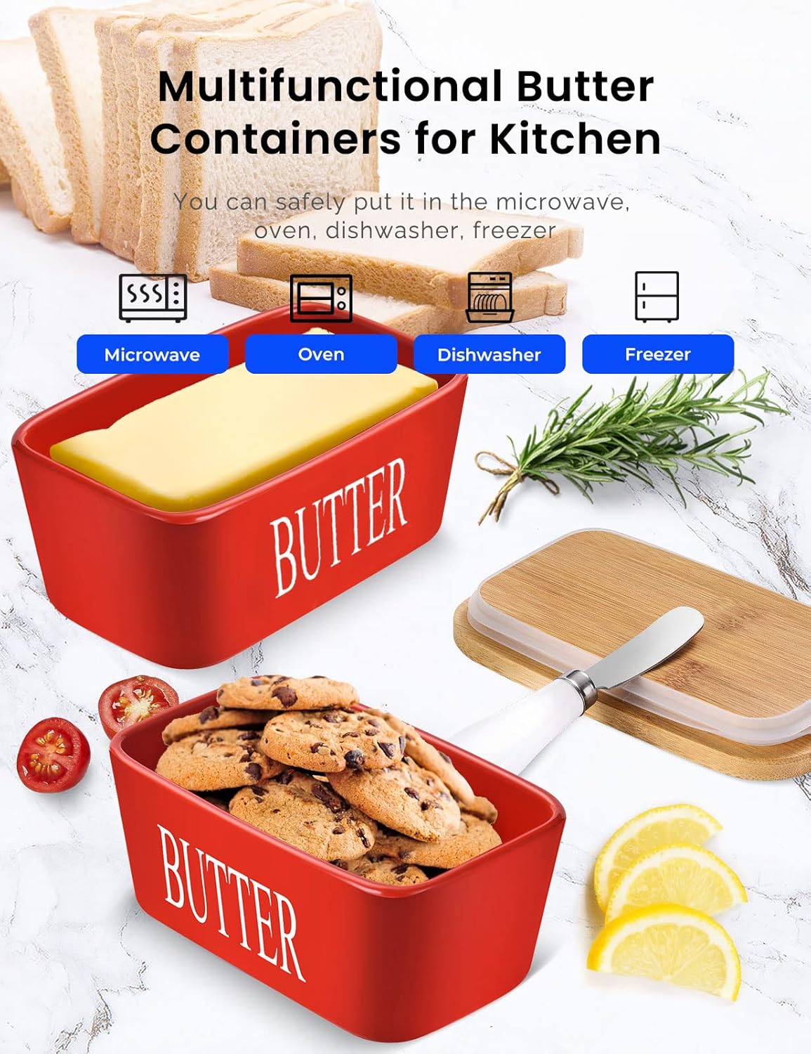 Thumbnail 4 de Large Butter Dish with Lid (Porcelain Butter Container with Knife Holds 2 Sticks) – Red