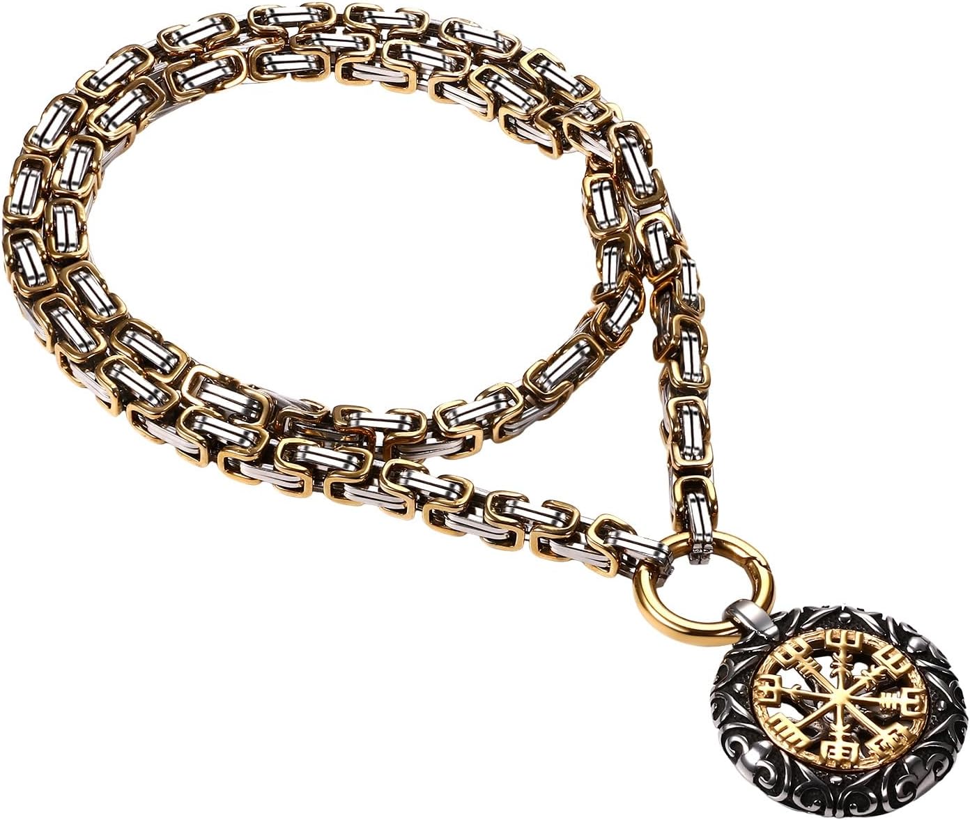Detalle de JewelryWe Wikinger Halskette für Herren – Edelstahl-Königskette mit Vegvisir Anhänger