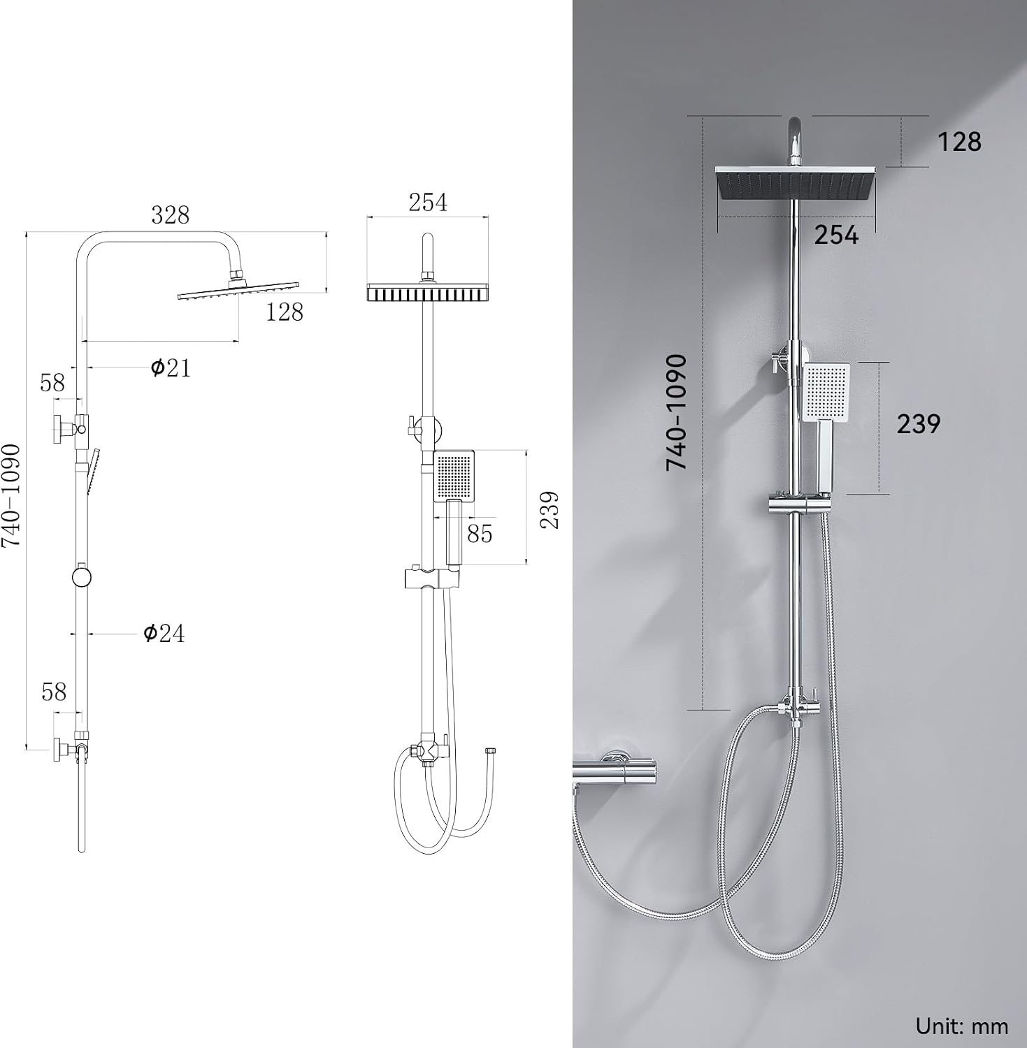 Thumbnail 6 de Auralum Colonna Doccia Senza Miscelatore con Soffione Quadrato 25x25 cm e Doccetta, Altezza Regolabile 74–109 cm