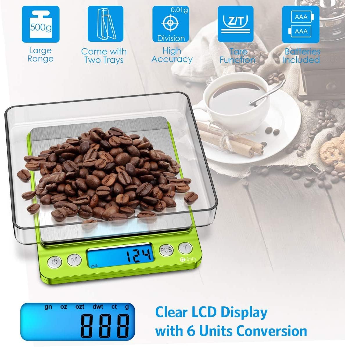 Thumbnail 2 de AMIR Digitale Taschenwaage 500 g × 0,01 g – Feinwaage mit LCD, 6 Einheiten, PCS-Zählung, Tara-Funktion, 2 Ablagen, grün