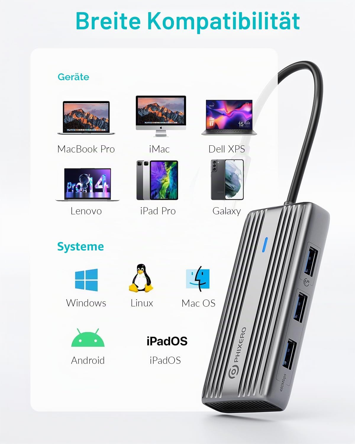 Thumbnail 5 de PHIXERO USB-C Hub Multiport Adapter: 5-in-1 mit 4K HDMI, 60 W PD und USB 3.0