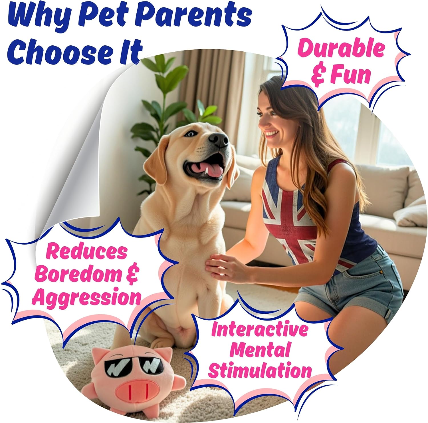 Detalle de PeppyPawz Piggy 3-in-1 Plush Dog Chew Toy – Durable Squeaky Toy with No Stuffing