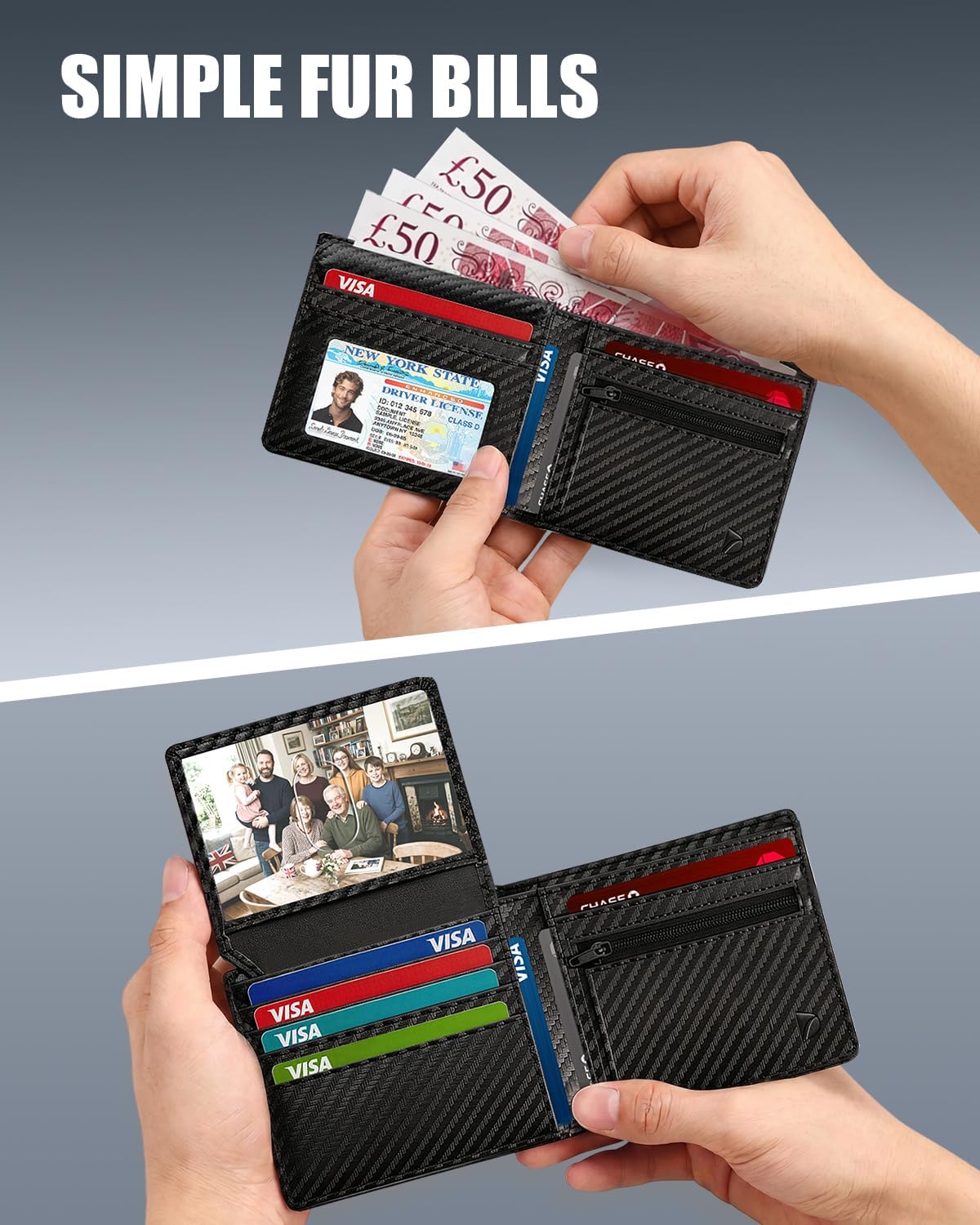 Detalle de Mens Leather Wallet with RFID Blocking – Slim Bifold Card Holder (11 Cards, 2 ID Windows, Coin Pocket)