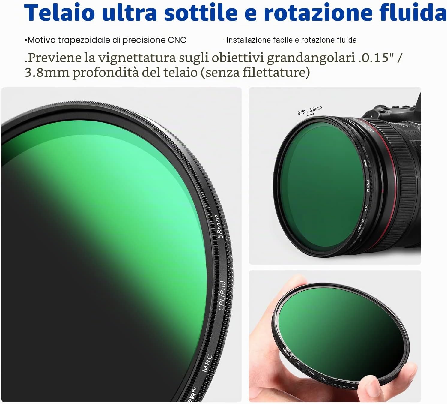 Detalle de NEEWER Filtro Polarizzatore CPL 58 mm – 30 strati di pellicola multistrato