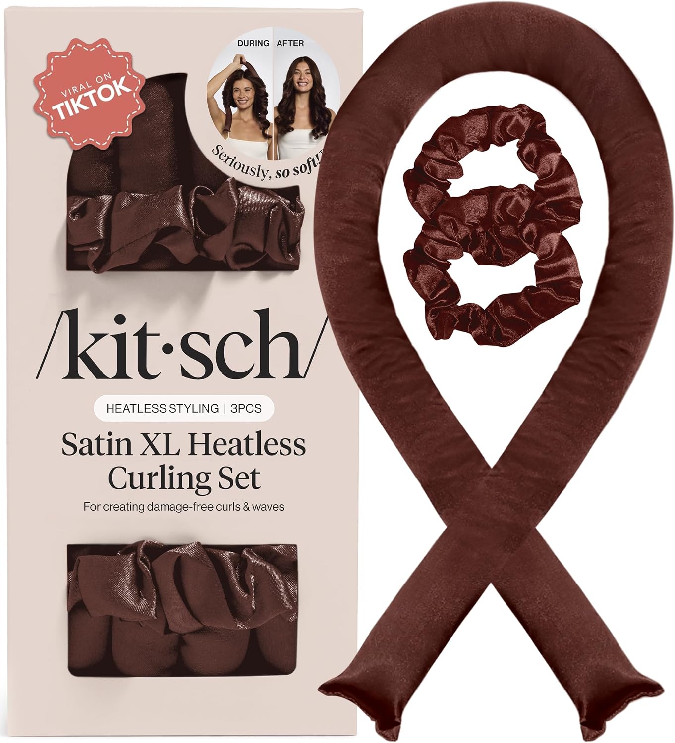 Detalle de Kitsch chocolat Heatless Curler Set, Chocolate Satin Rod with Two Scrunchies