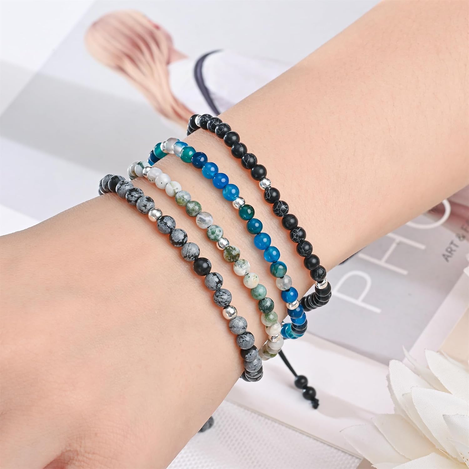 Detalle 2 de Apocalyptic-K Women's 925 Sterling Silver/Gold Anklet with Natural Stones – Adjustable 9.5in to 13in