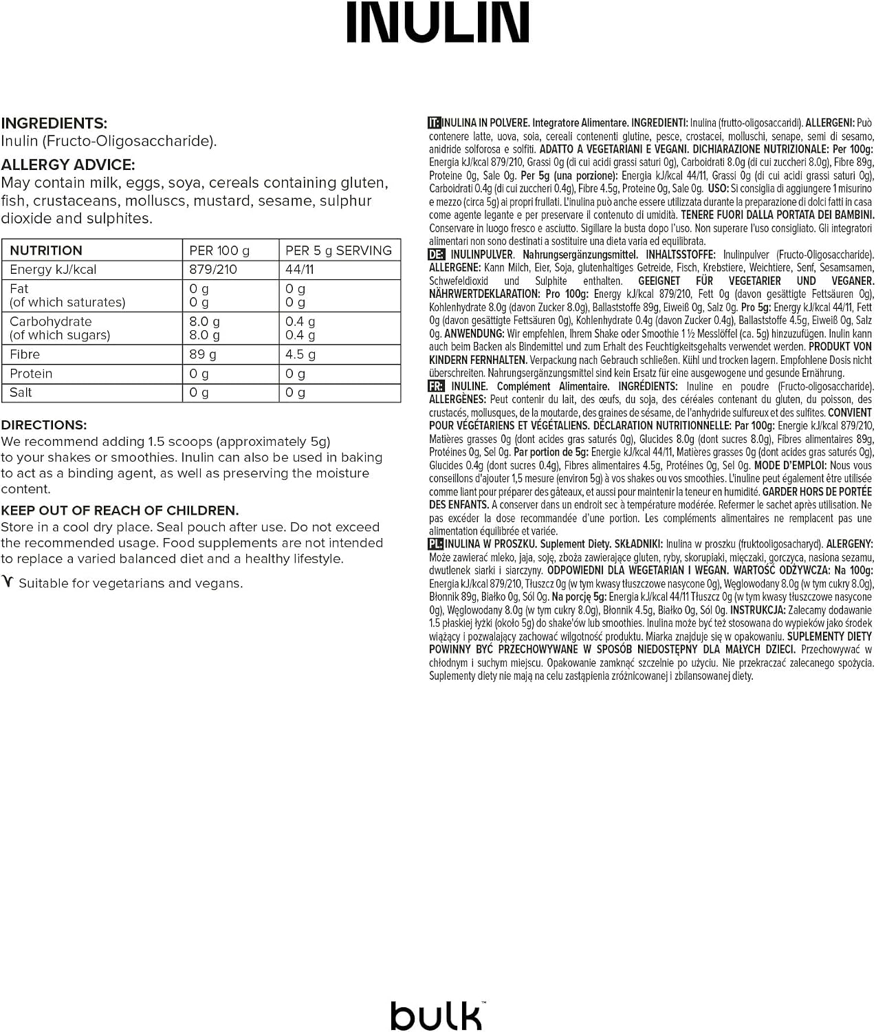 Detalle 2 de Bulk Poudre d'inuline, riche en fibres – 500 g (L'emballage peut varier)