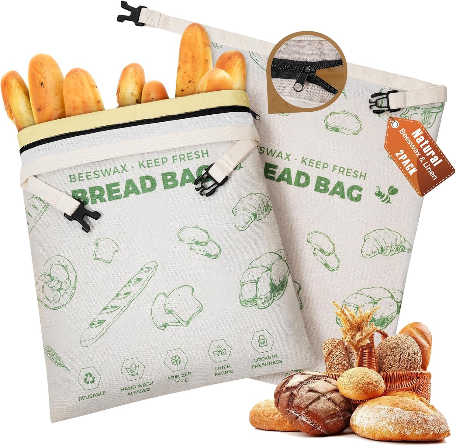 Detalle de YARRAMATE Brotbeutel Leinen mit Bienenwachseinlage – 2er Pack, Große Brotaufbewahrung 43x33 cm