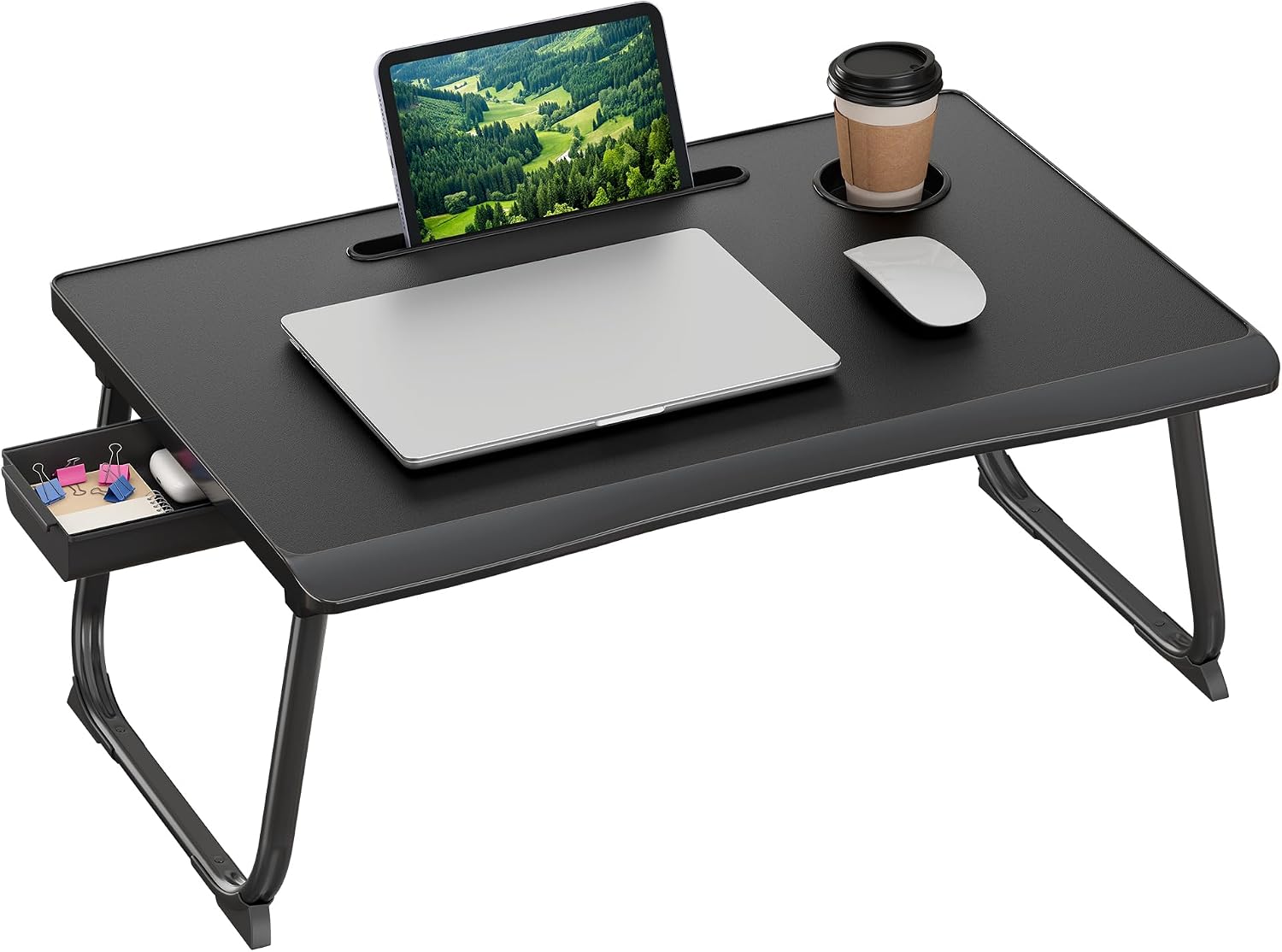 Detalle de SONGMICS ULLD120B101 Foldable Lap Desk with Cup Holder, Tablet Slot and Drawer