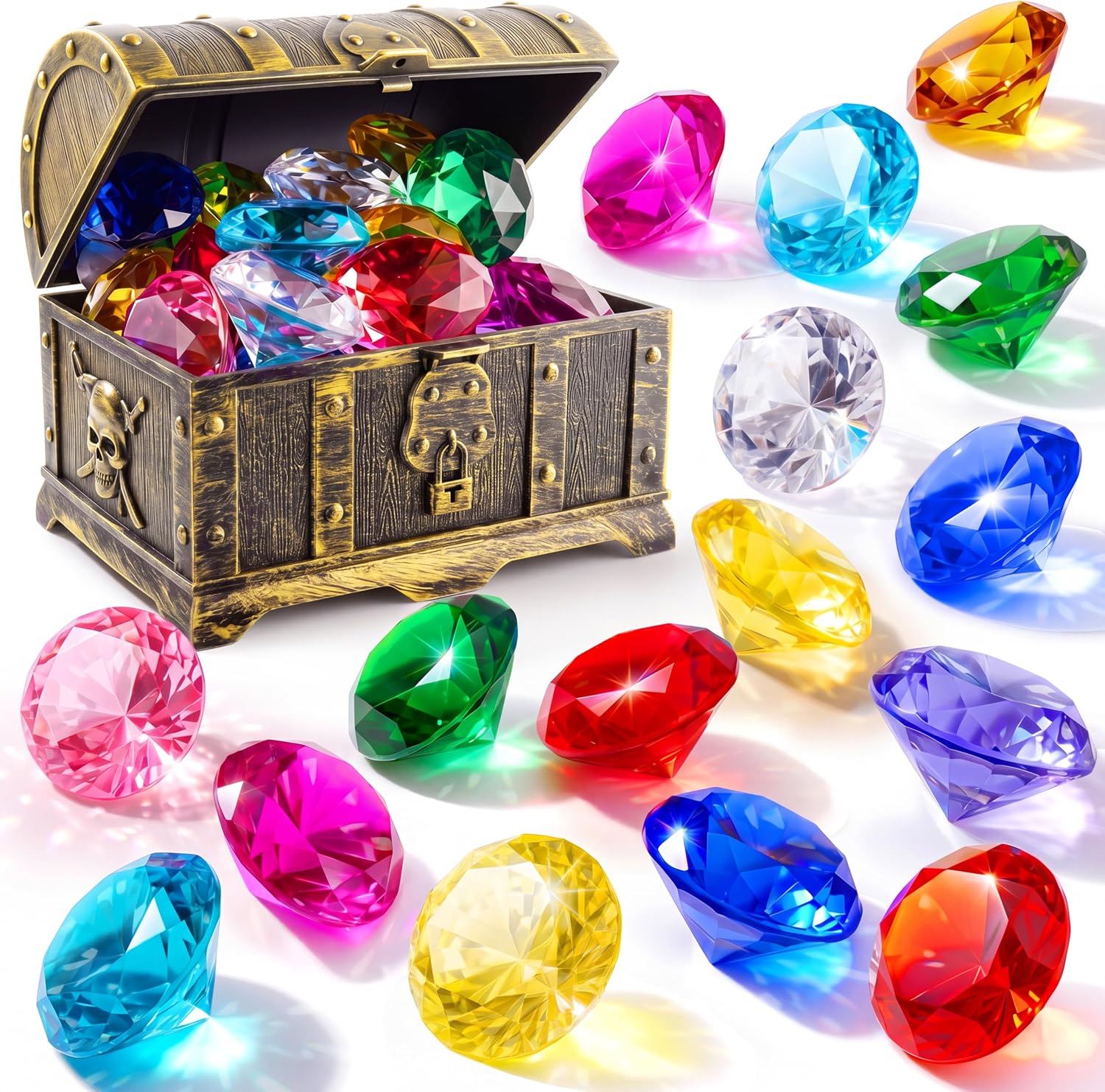 Detalle de Sloosh Diving Gems Pool Toys: 16 Big Colorful Diamond Gems with Pirate Treasure Chest (Acrylic Dive & Swim Game)
